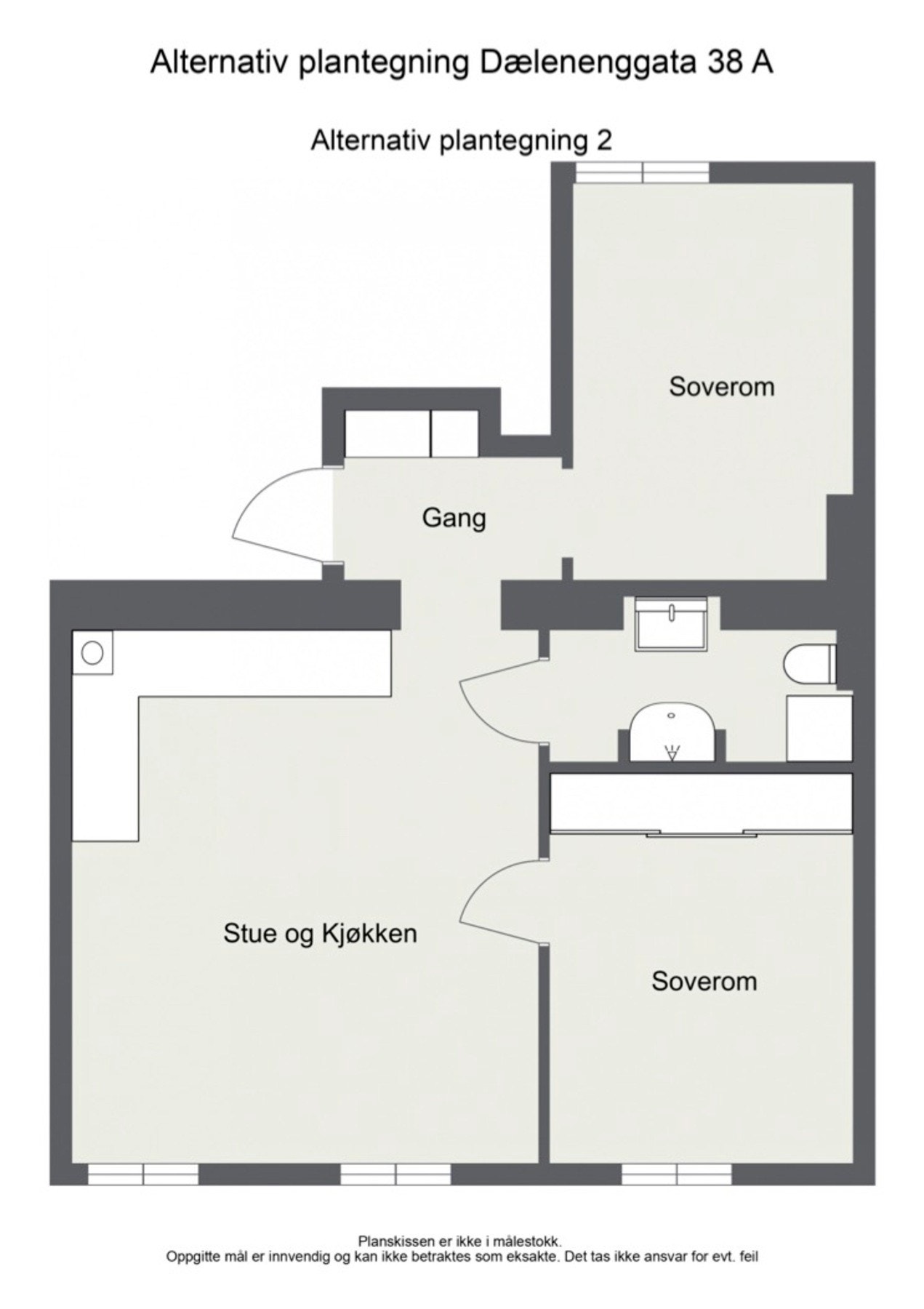 Det er også mulig med to soverom dersom det er å foretrekke. Det må undersøkes med fagfolk om det lar seg gjøre. Plantegningen er kun ment som en illustrasjon. Galleribilde