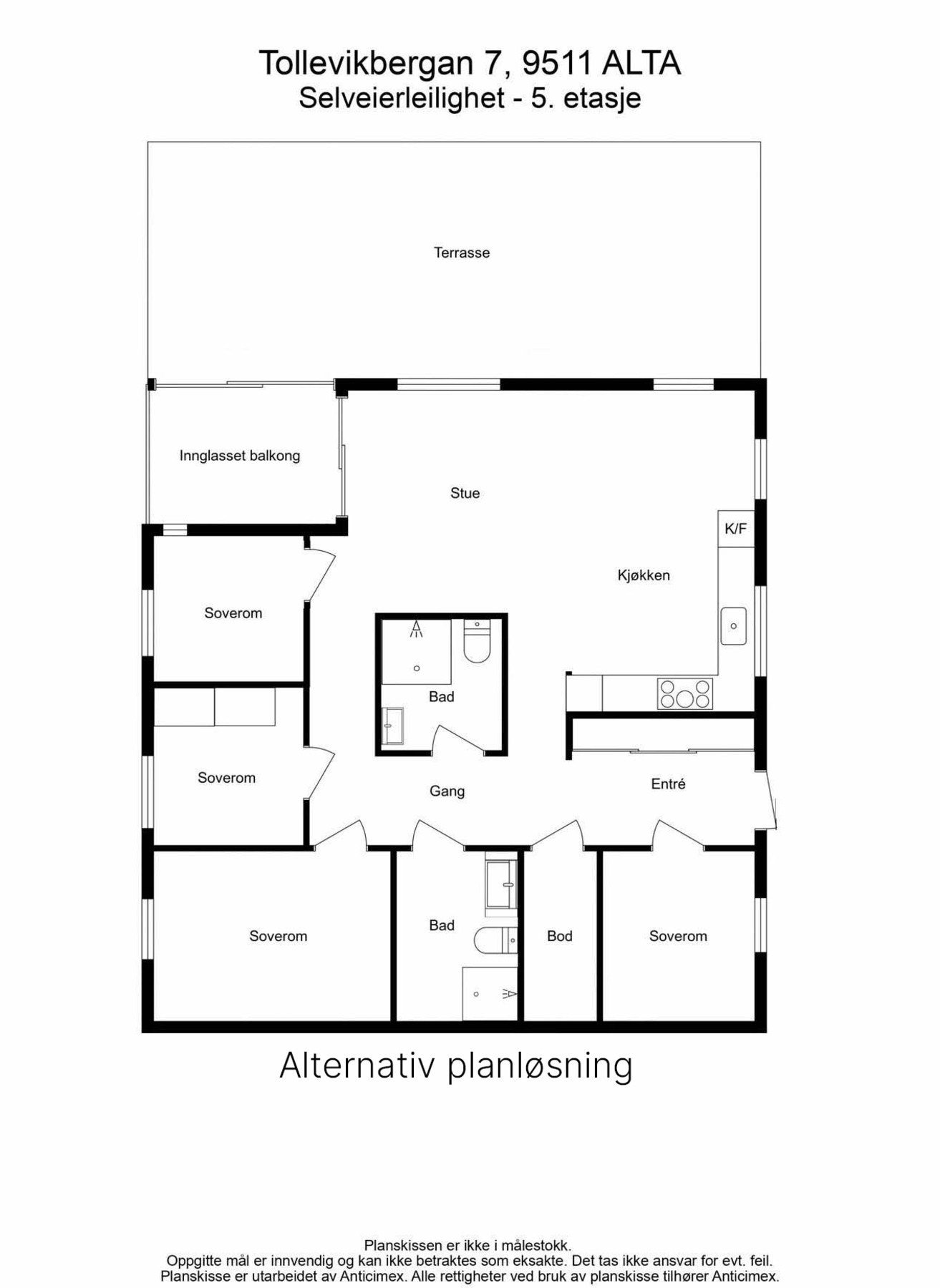 Alternativ planløsning for et fjerde soverom. Søknad, prosjektering etc. er kjøpers ansvar. Galleribilde