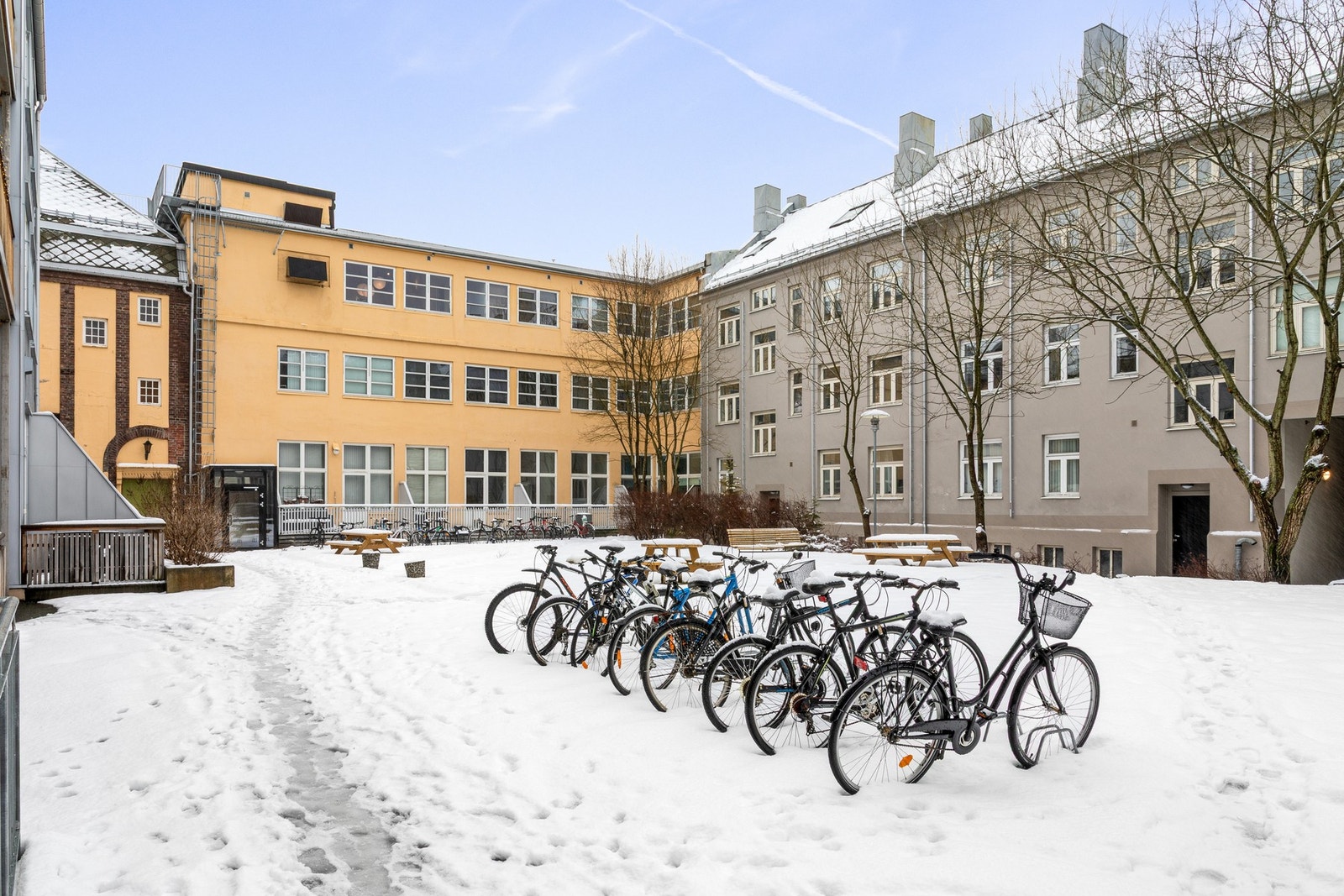 Flott bakgård med felles sykkelparkering. Galleribilde