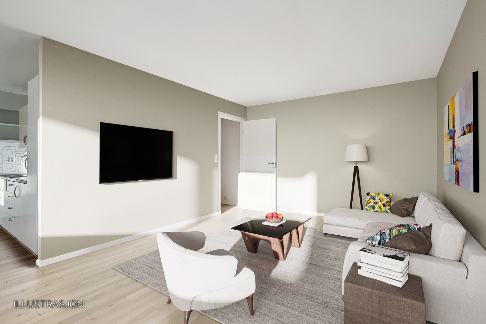 Det er god plass til sofagruppe i stuen. Bildet er digitalt stylet. Galleribilde