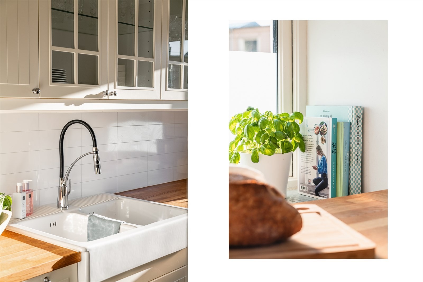 Dobbel vask, ventilator med kullfilter, varmtvannstank, integrert oppvaskmaskin, kjøleskap, mikrobølgeovn, stekeovn og platetopp. Galleribilde