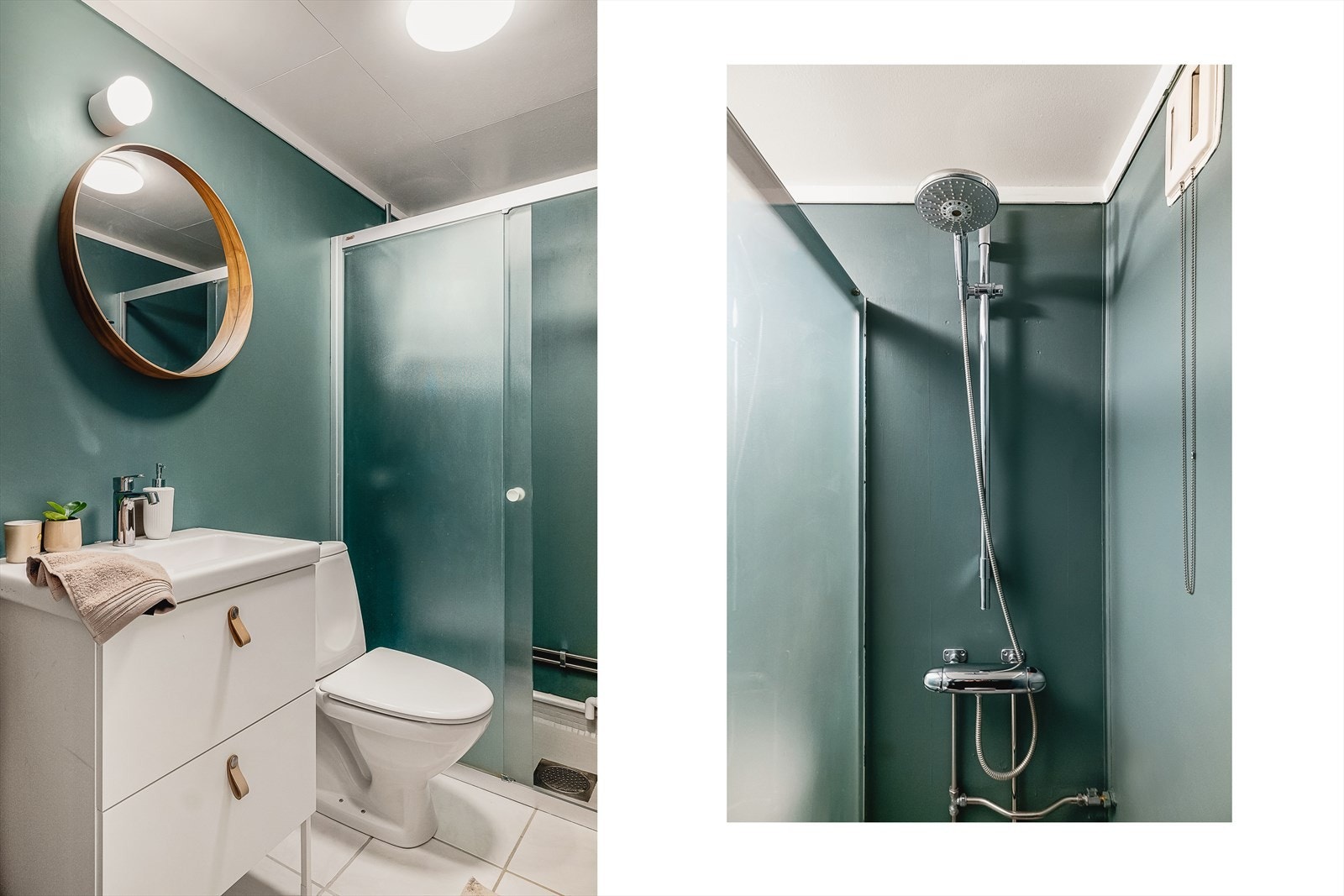 Funksjonelt badet med fliser på gulv, malte plater på vegg og himlingsplater. Inneholder: Toalett, vask med underskap, dusj, lys over speil, lys i tak, sluk i gulv og ventil i vegg. Galleribilde