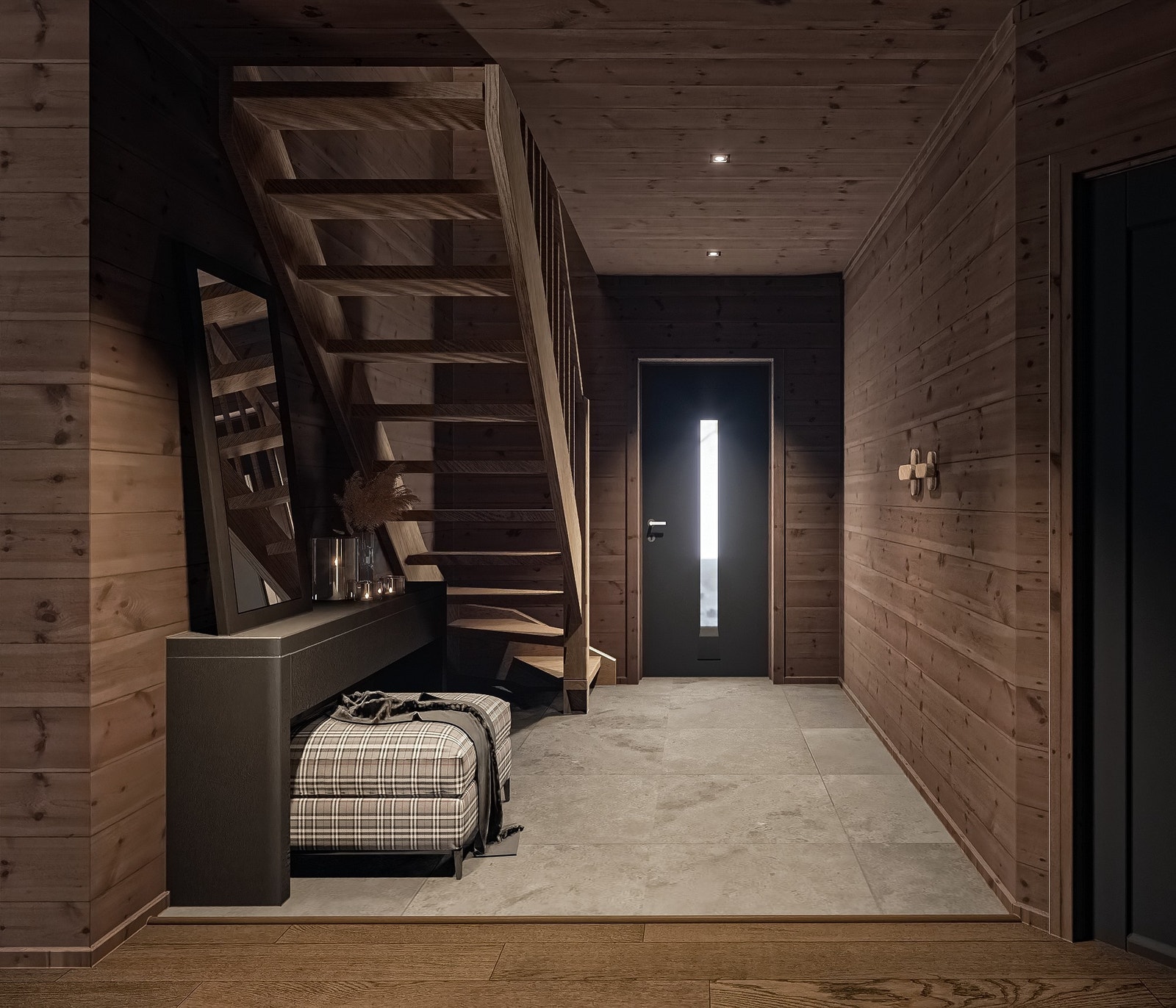 Romslig entre med varme trevegger, innfelt belysning – perfekt velkomst i en moderne fjellhytte. Galleribilde