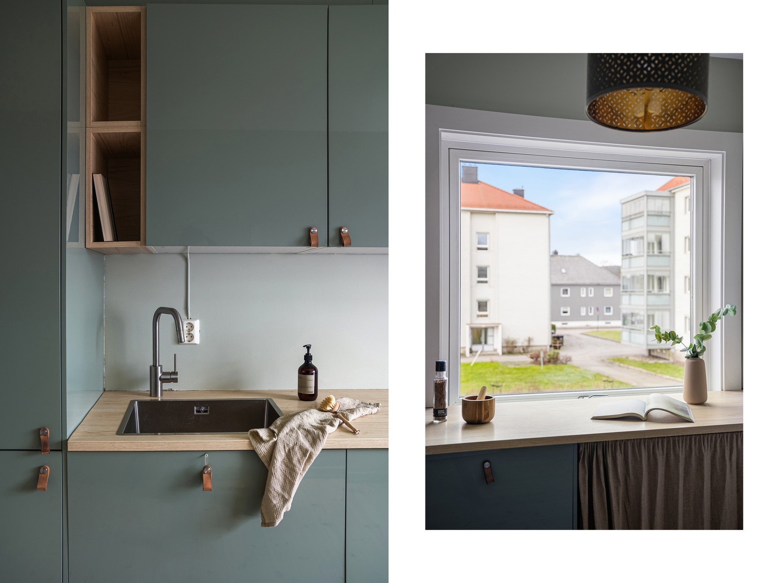 Praktiske arbeidsflater og stor vindu som sikrer naturlig lys Galleribilde