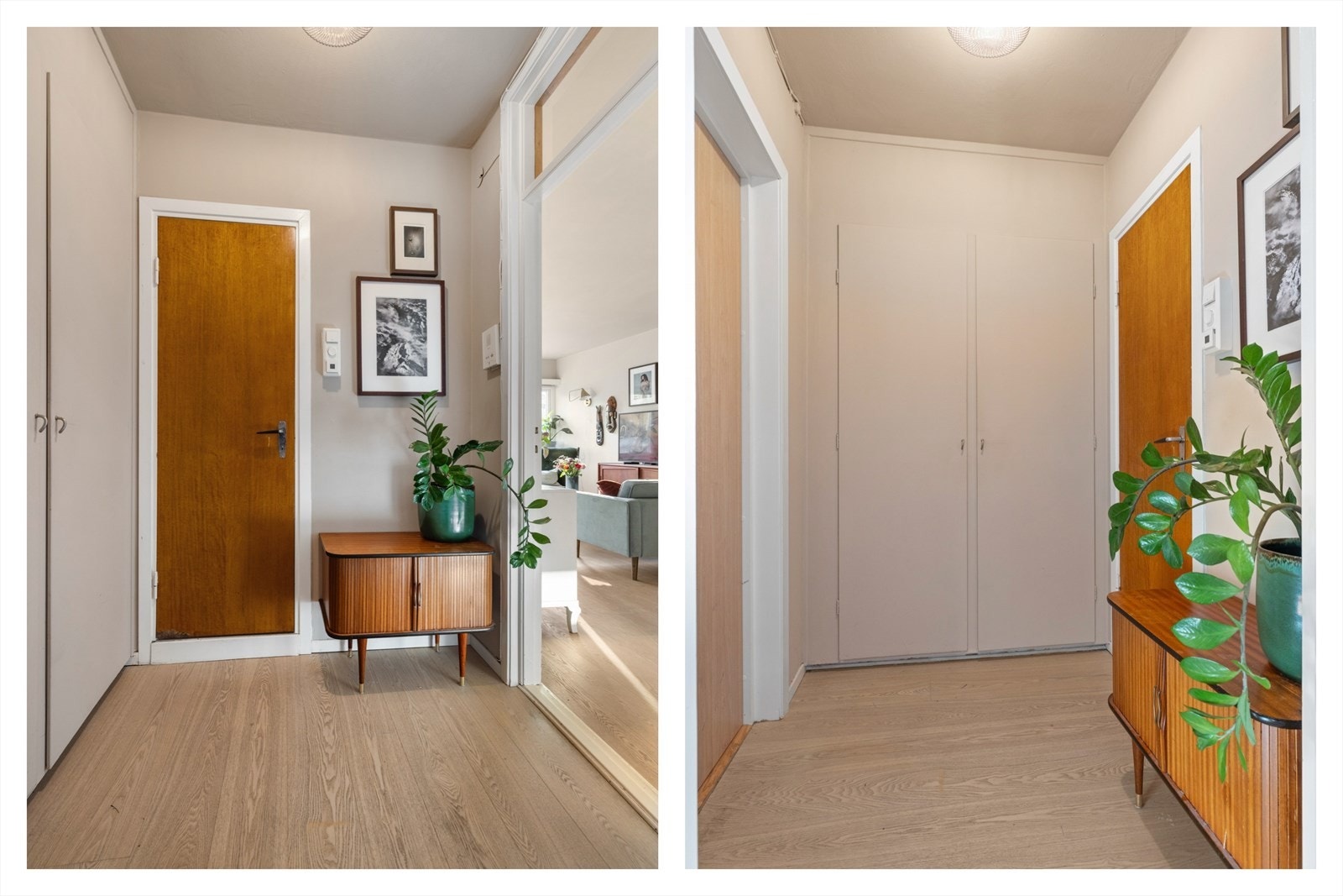 Lys entré med plass til oppbevaring av yttertøy og sko. Plassbygd garderobeskap Galleribilde