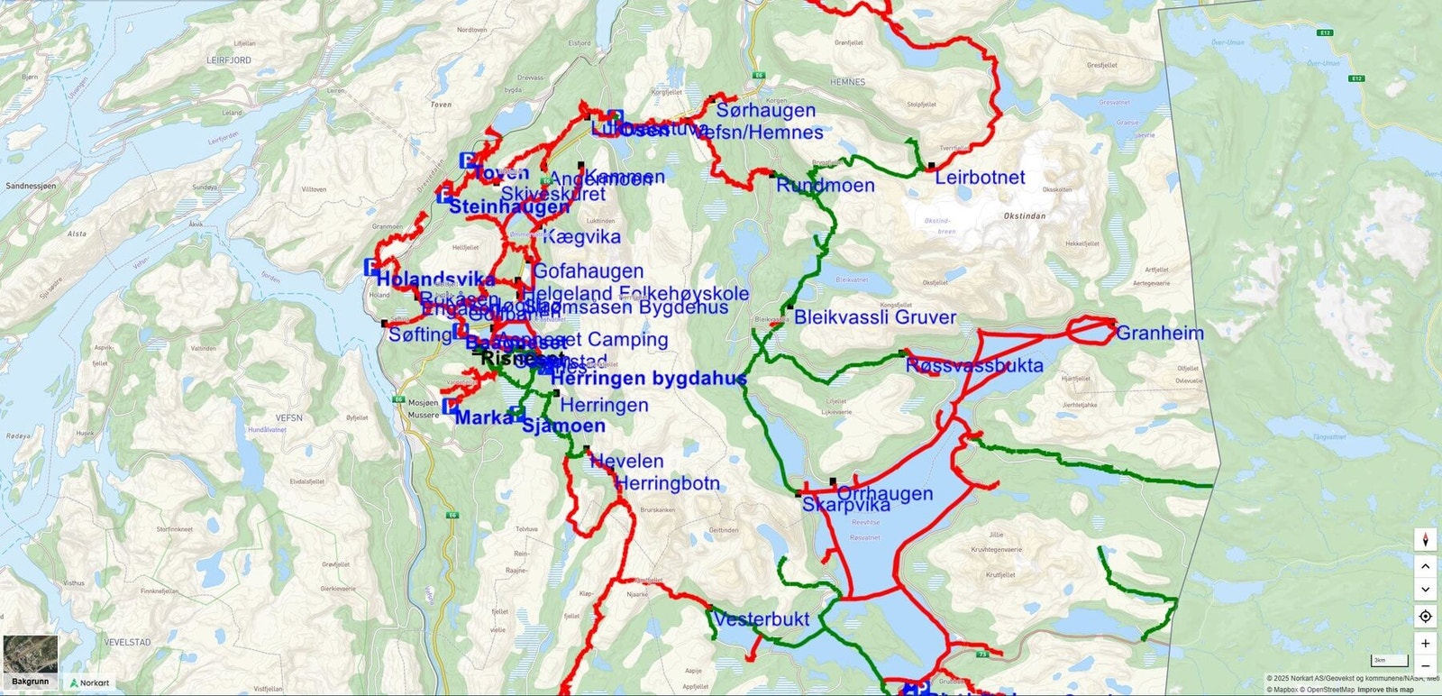Løypekart for snøscooter. Løypen går rett ved eiendommen. Galleribilde