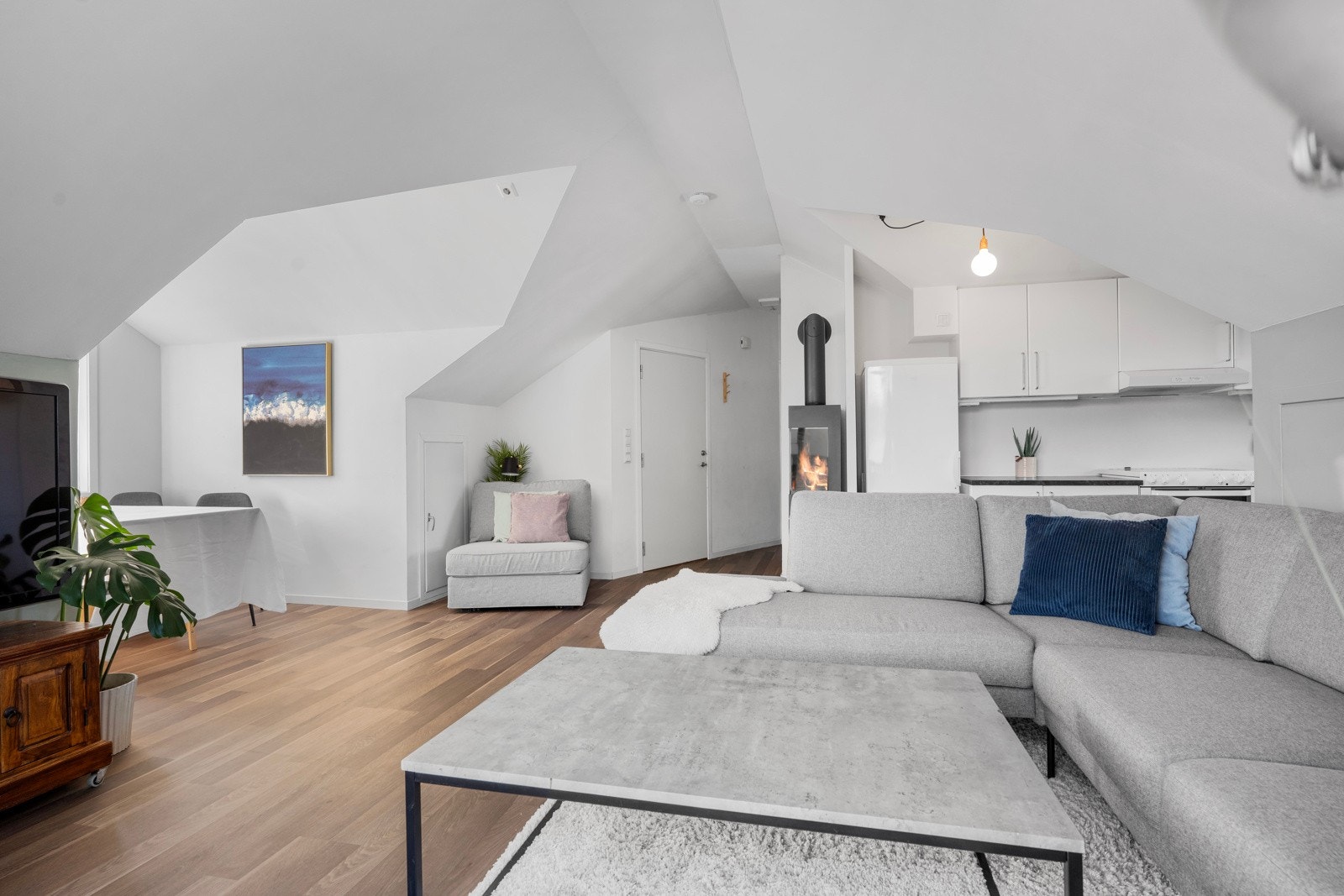 Rommet er av god størrelse med plass til sofakrok, tv-møblement og spisestue. Galleribilde