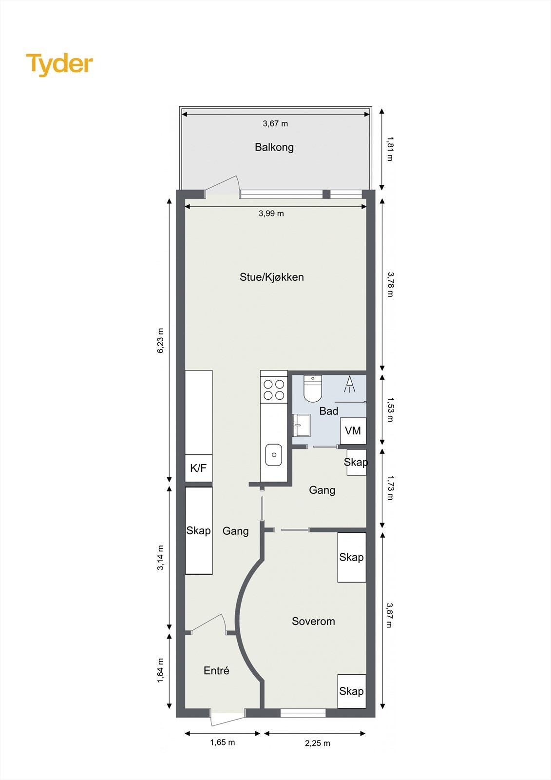 Plantegning som inneholder: Entré, to ganger, stue/kjøkken med utgang til balkong, soverom og bad. Galleribilde