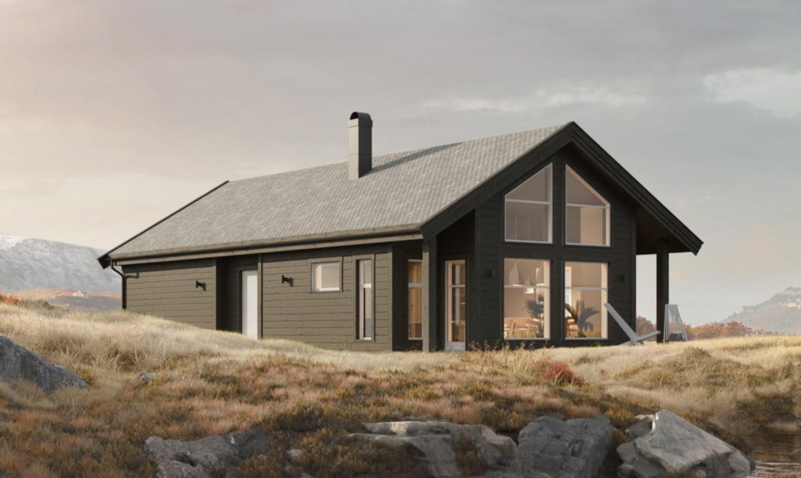 Illustrasjon hyttemodell Saga 100. Store vindusflater slipper lyset og naturen inn Galleribilde