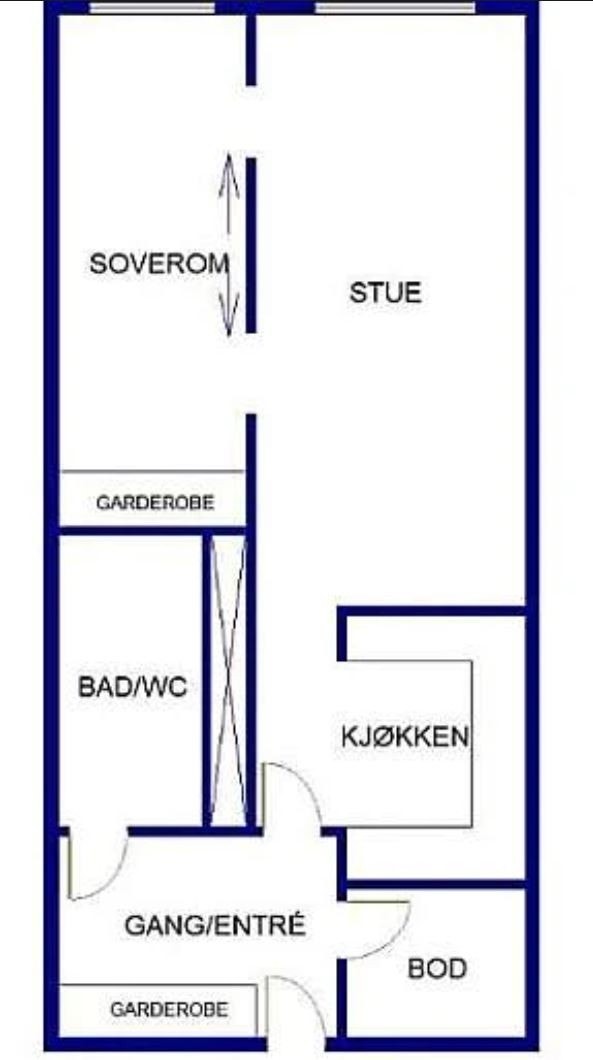 Planskisse. Garderobe på soverommet er ikke der i dag. Galleribilde