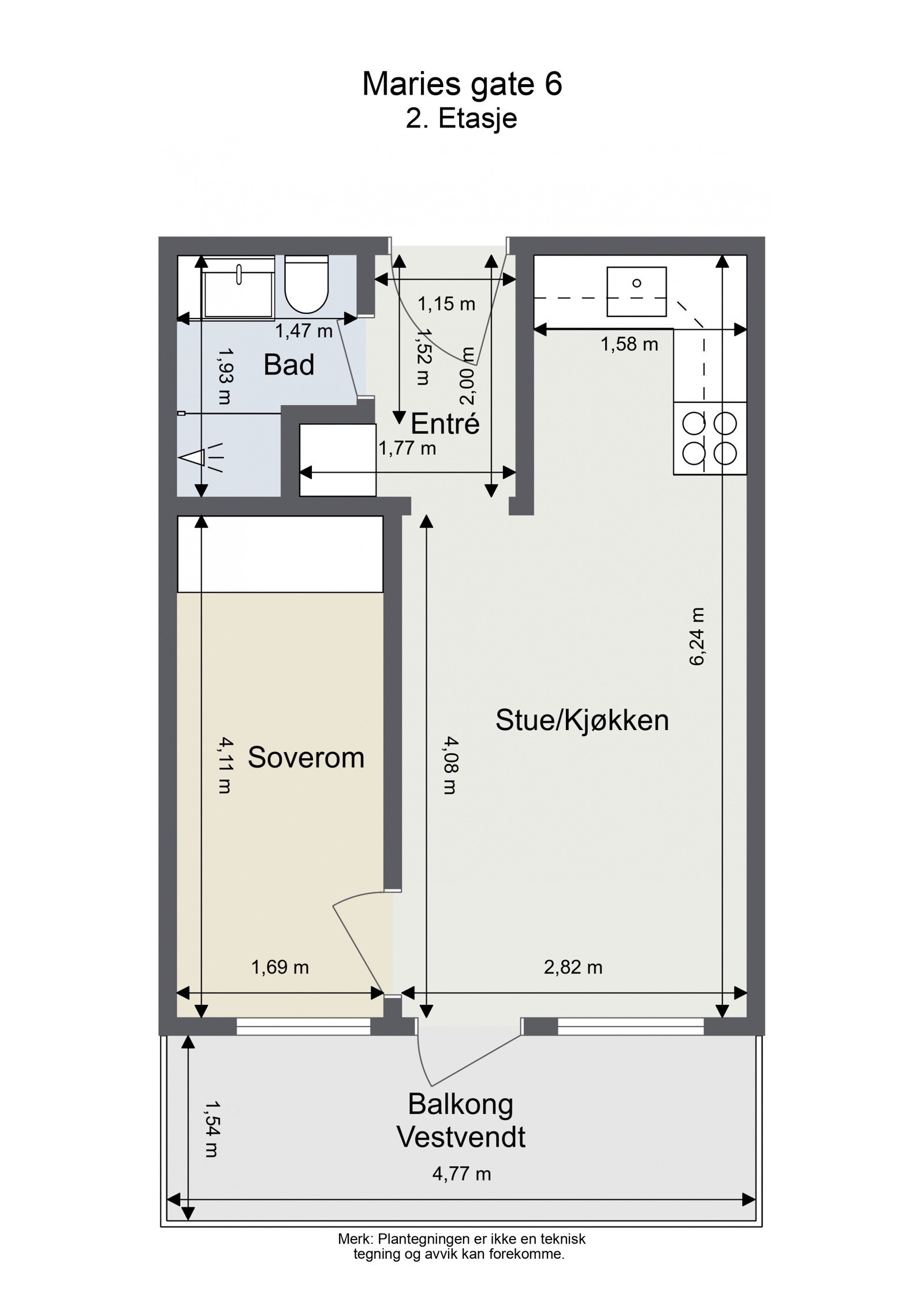 Plantegning. Leiligheten ligger i byggets 2. etasje med heisadkomst. Galleribilde