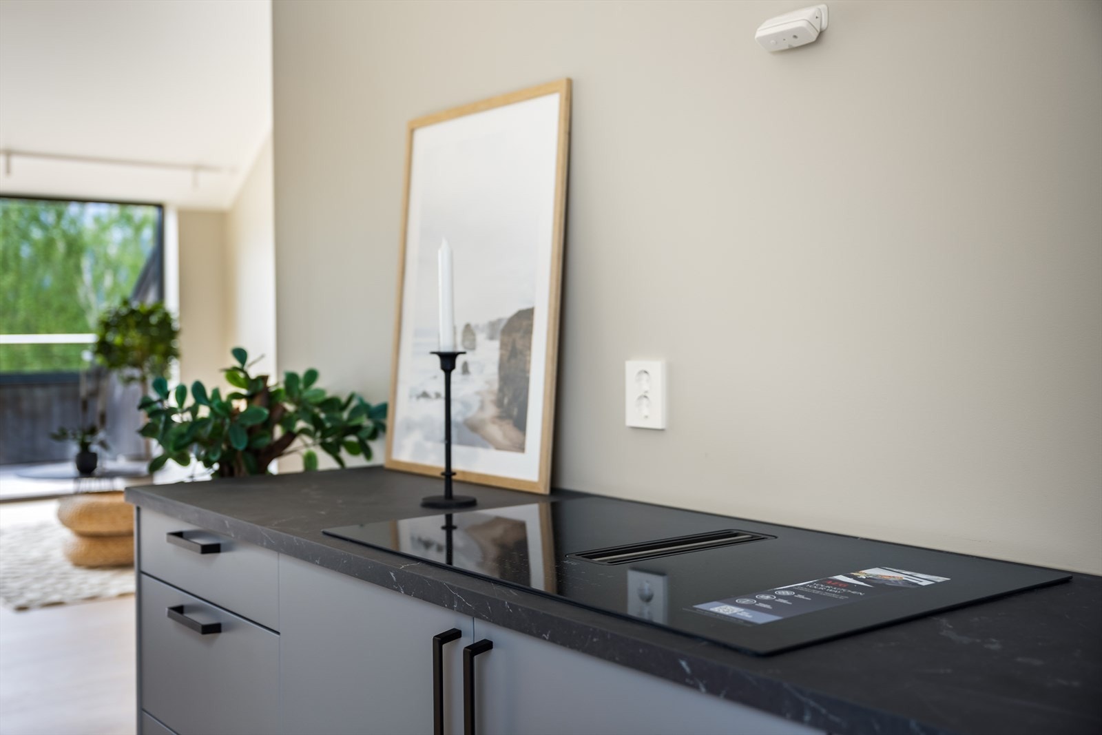 Integrert kjøleskap, komfyr, platetopp med integrert ventilator og oppvaskmaskin. Galleribilde