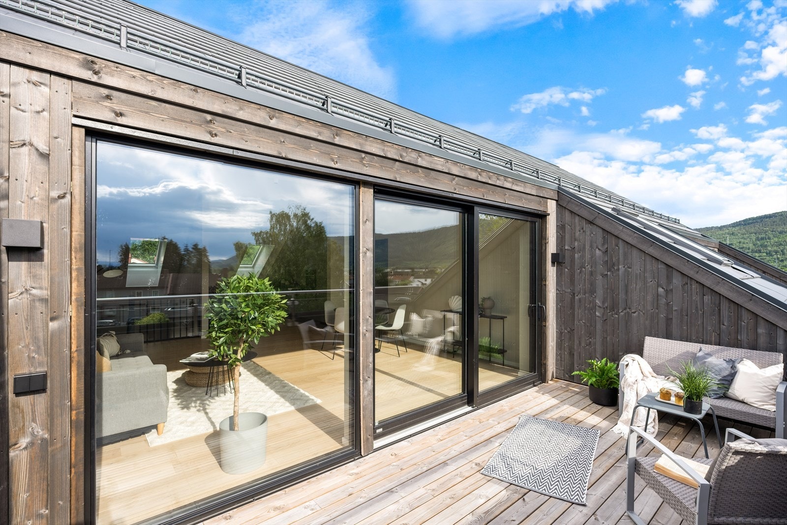 Utgang til solrik takterrasse fra stuen. Galleribilde