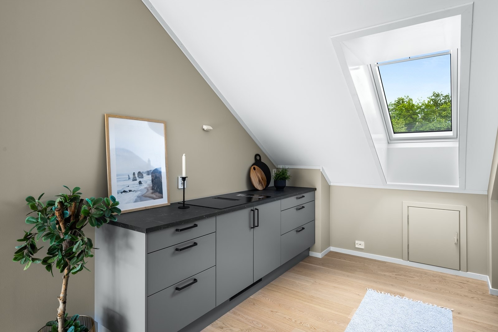 Platetopp med integrert ventilator. Overlysvindu sørger godt, naturlig lys. Galleribilde