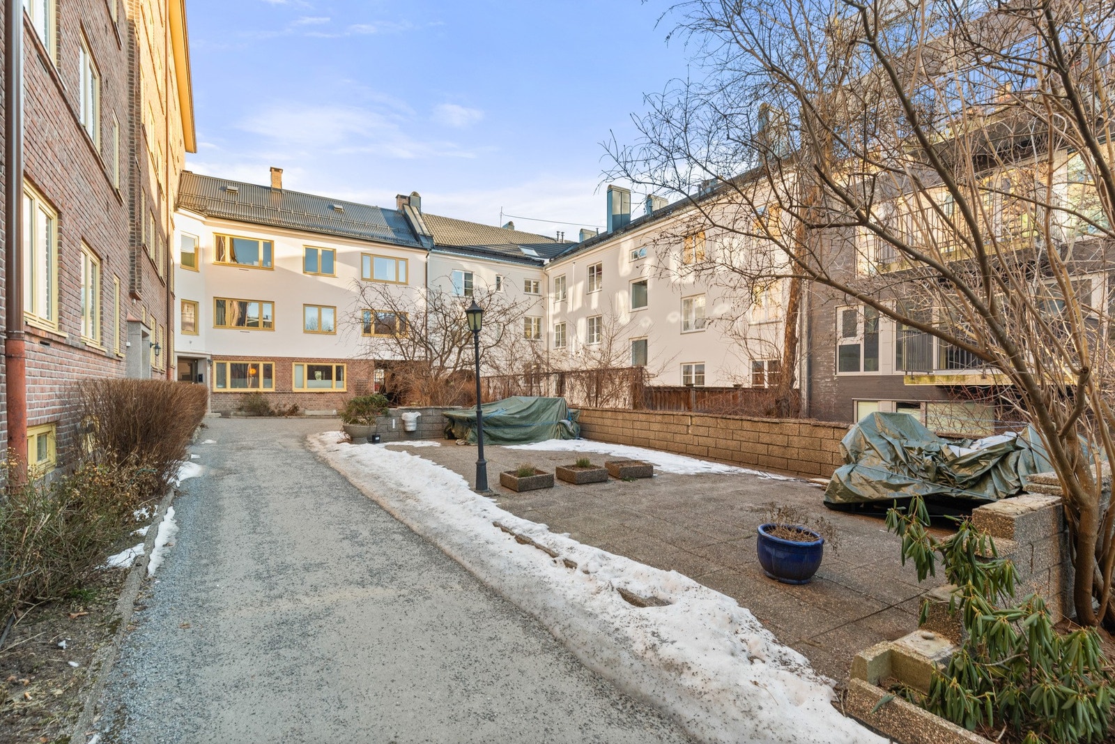 Asfaltert bakgård med beplantning og sittegrupper. Galleribilde