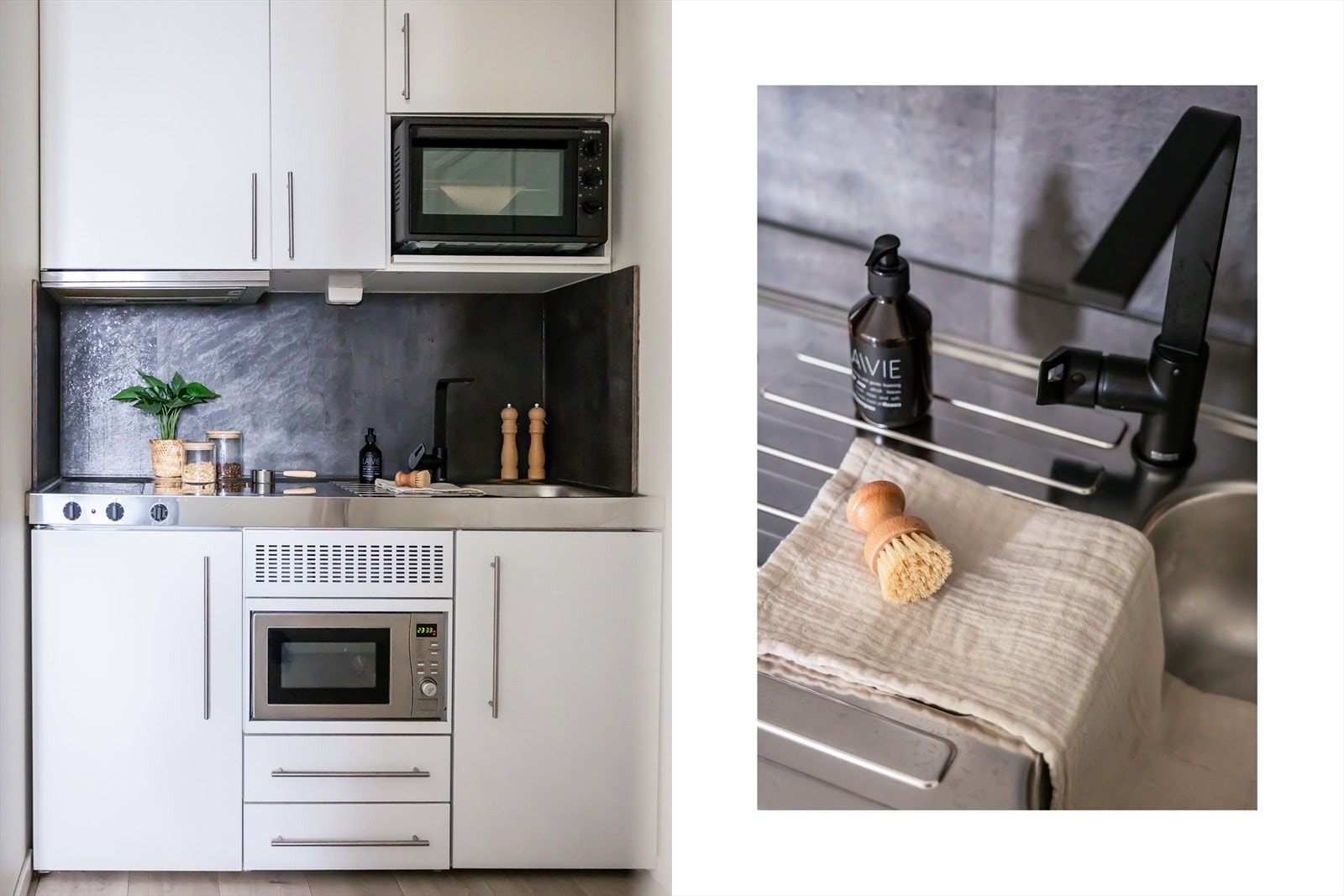 Nytt hybelkjøkken i 2020 med stekeovn, mikrobølgeovn, kjøleskap og koketopp. Galleribilde