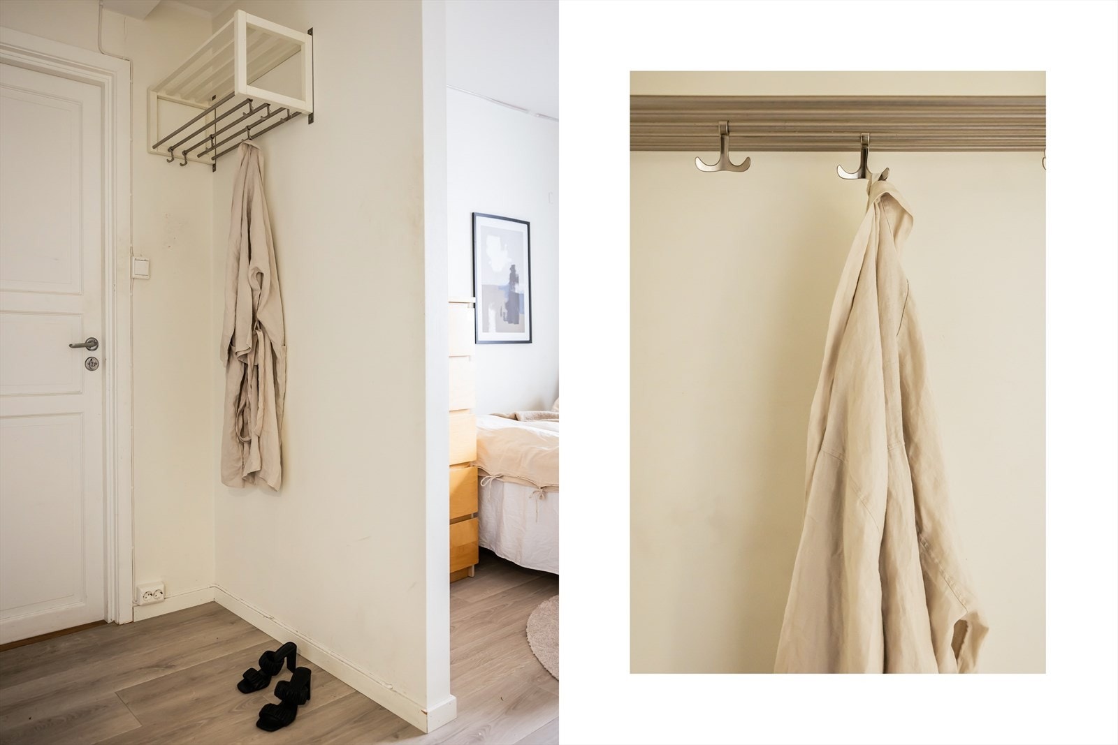 Plass til seng og arbeidspult, samt garderobeinnredning/oppbevaringsløsninger. Fin nisje til yttertøy. Galleribilde