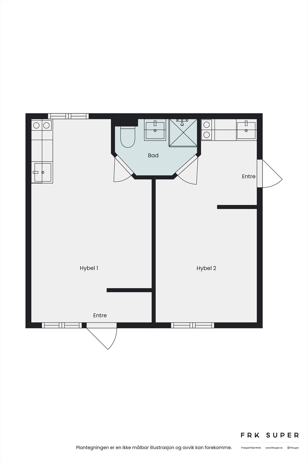 Hyblene er funksjonelle med plass til det man trenger. Felles bad, med dør inn fra hver hybel. Galleribilde