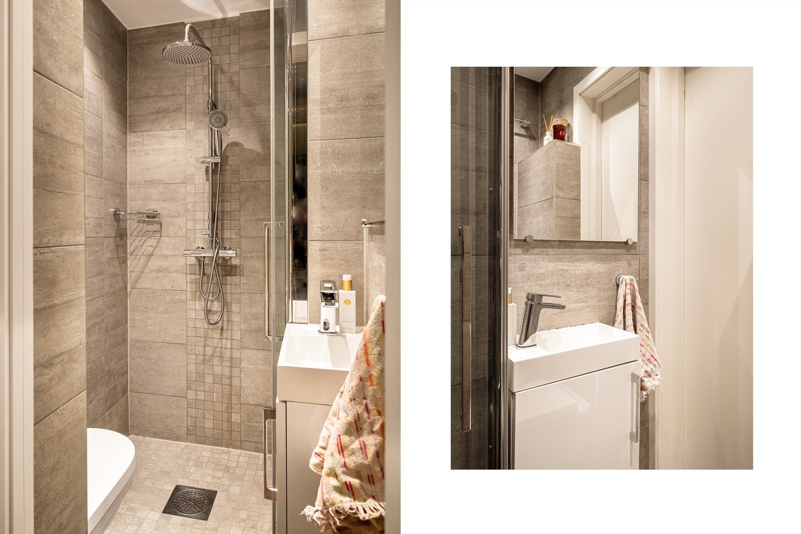 Delikat baderom fra 2015 med moderne farge- og materialvalg. Også her er plassen optimalisert! Galleribilde