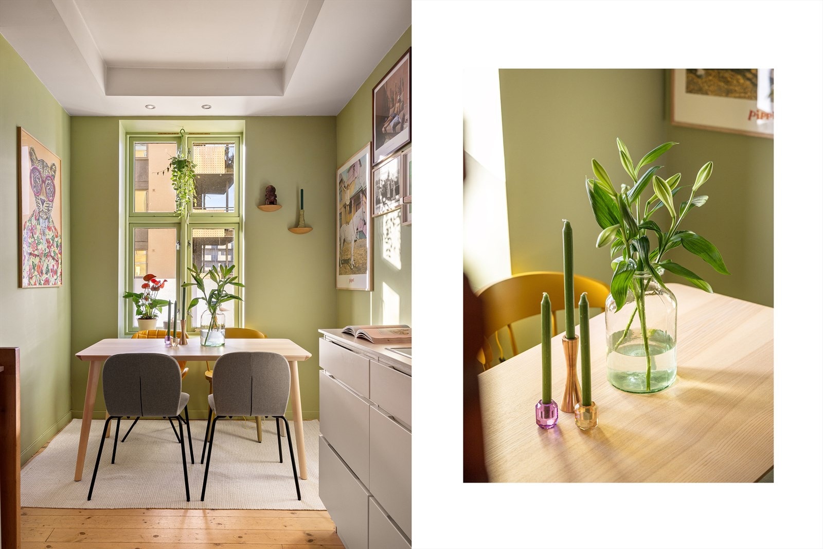 I denne leiligheten slipper du å velge bort noe. God plass til hyggelig spisebord foran vinduet på kjøkkenet. Galleribilde