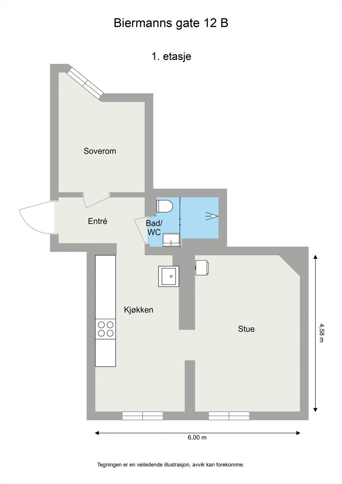 Leiligheten ligger i en svært høy 1.etg og har en praktisk planløsning med separat kjøkken, romslig stue, bad fra 2015 og soverom vendt mot hyggelig bakgård. Galleribilde