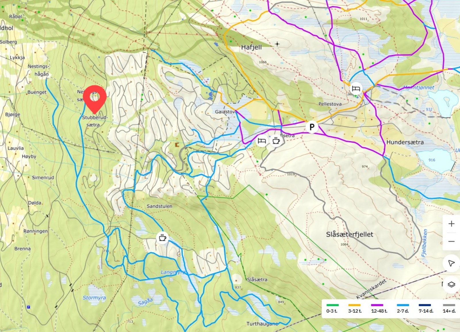Utsnitt fra skisporet.no som viser hvor langrennsløypene går i området. Galleribilde