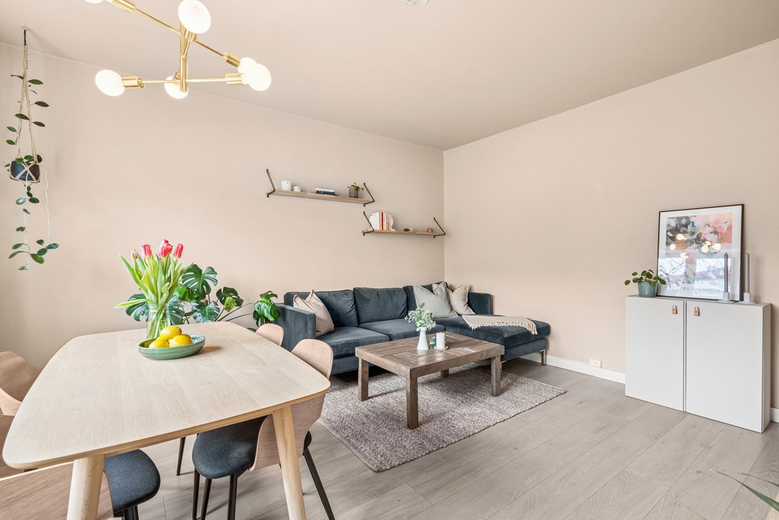 Stuen har god plass til sofakrok, tv og spisebord. Galleribilde