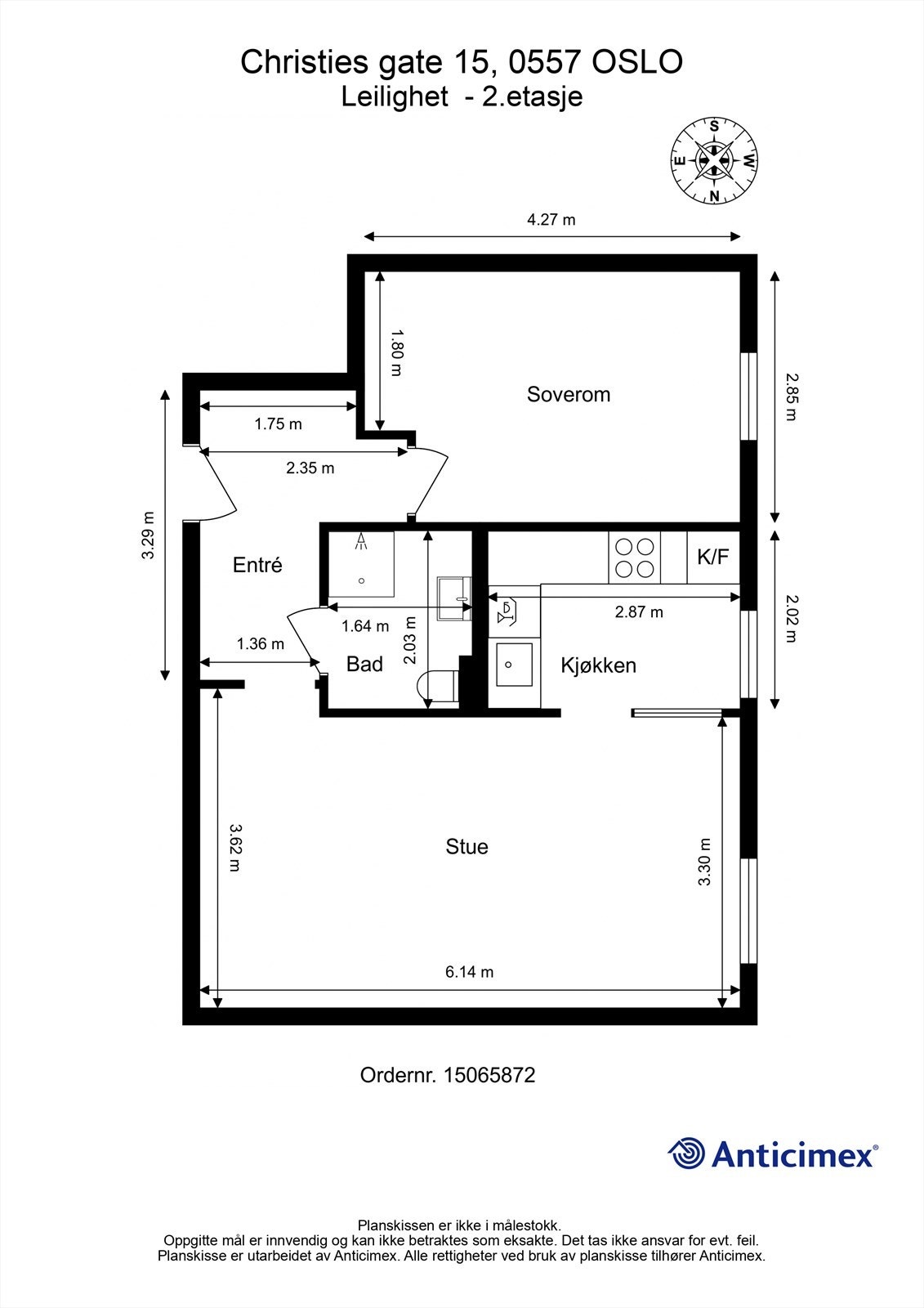Plantegning. Legg merke til at det er god størrelse på alle rom i leiligheten. Galleribilde