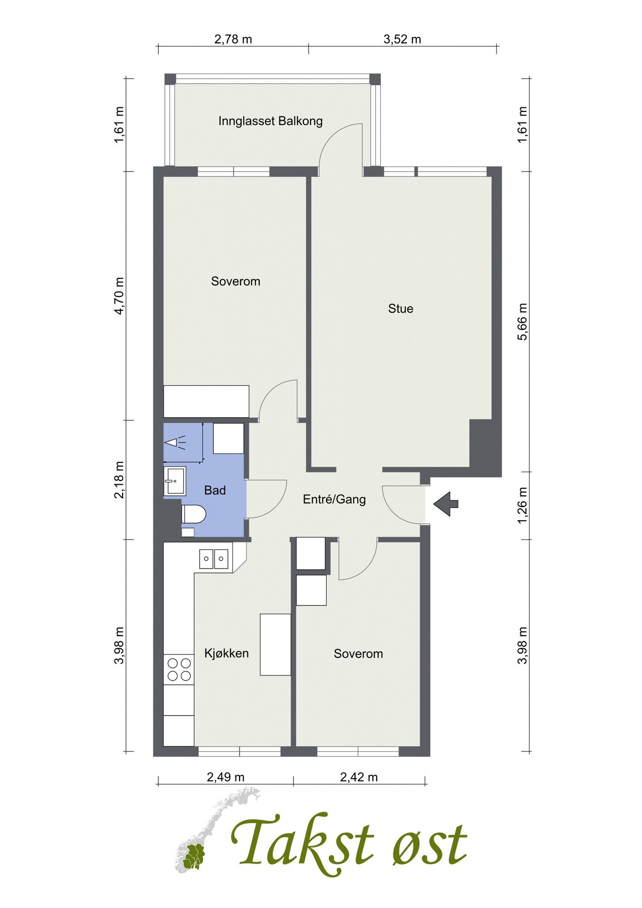 Plantegning. I tillegg disponerer leiligheten to eksterne boder. Kjellerbod på 4,6 kvm og loftsbod på 10 kvm i gulvareal. Galleribilde