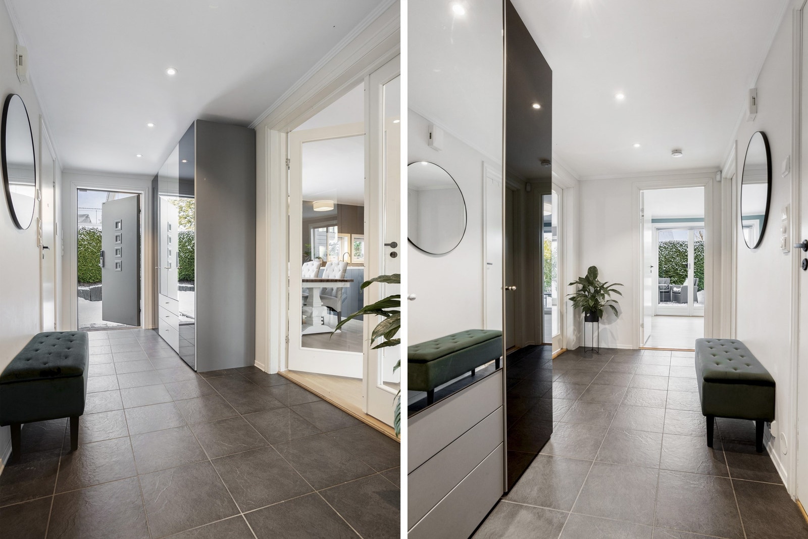 Stor luftig flislagt hall med garderobe - varme i gulv - praktisk adkomst til bad/vaskerom Galleribilde