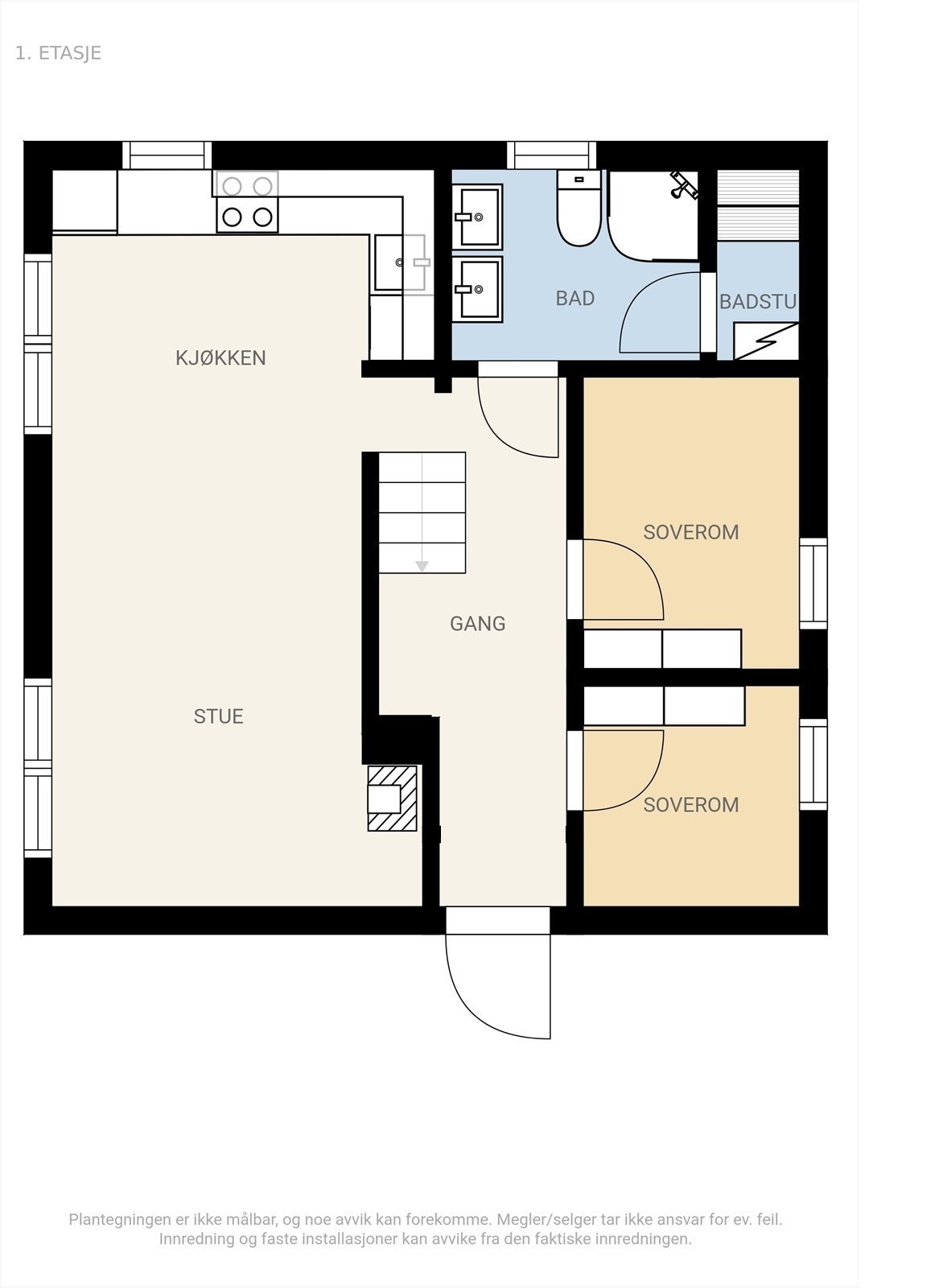 Planløsning 1. etasje: Entré, gang, bad/wc/vaskerom, badstue, 2 soverom og stue/kjøkken. Galleribilde