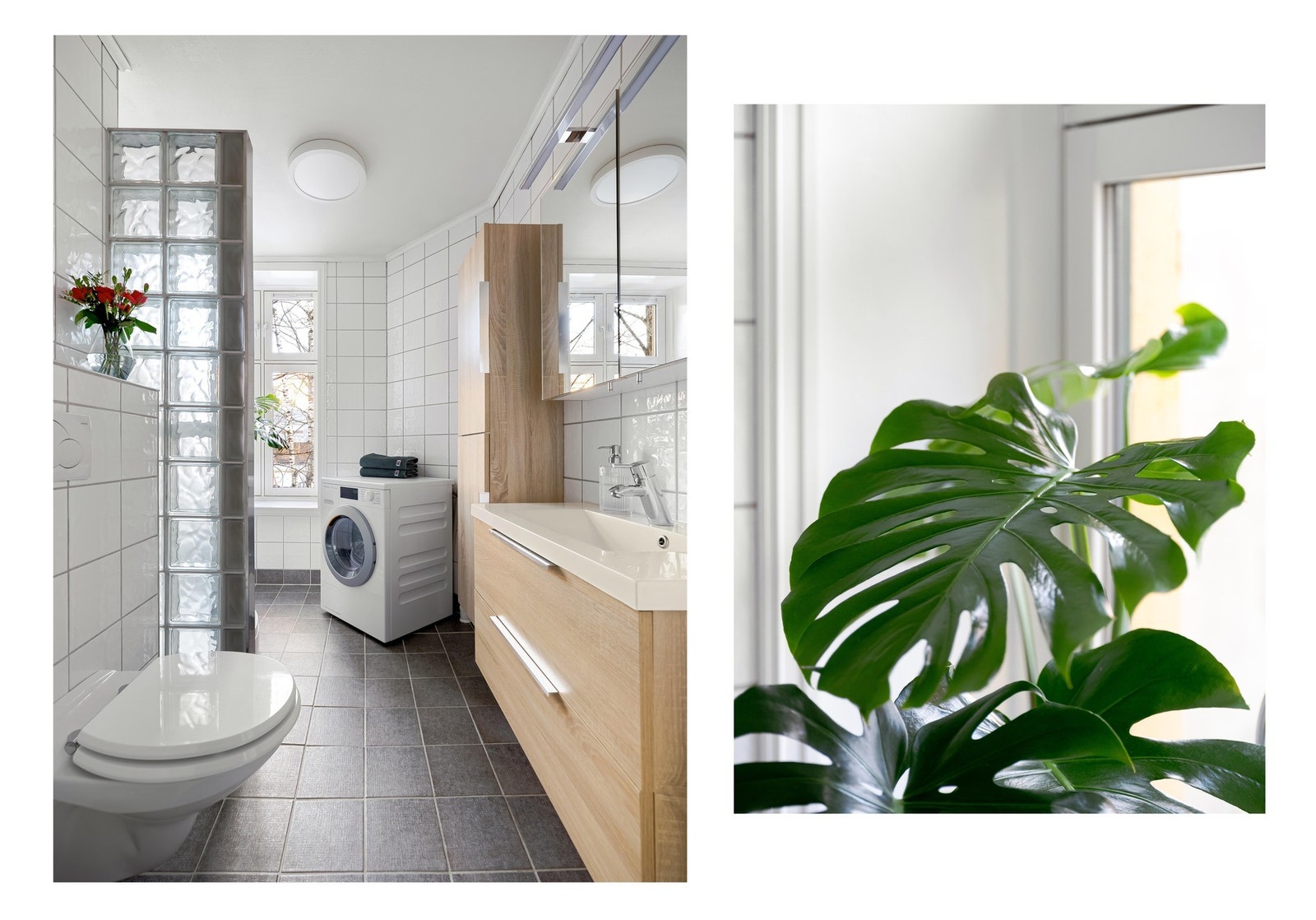 Fra entreen finner vi det lyse baderommet. Badet er fra 2005, men fikk ny innredning i 2016. Galleribilde