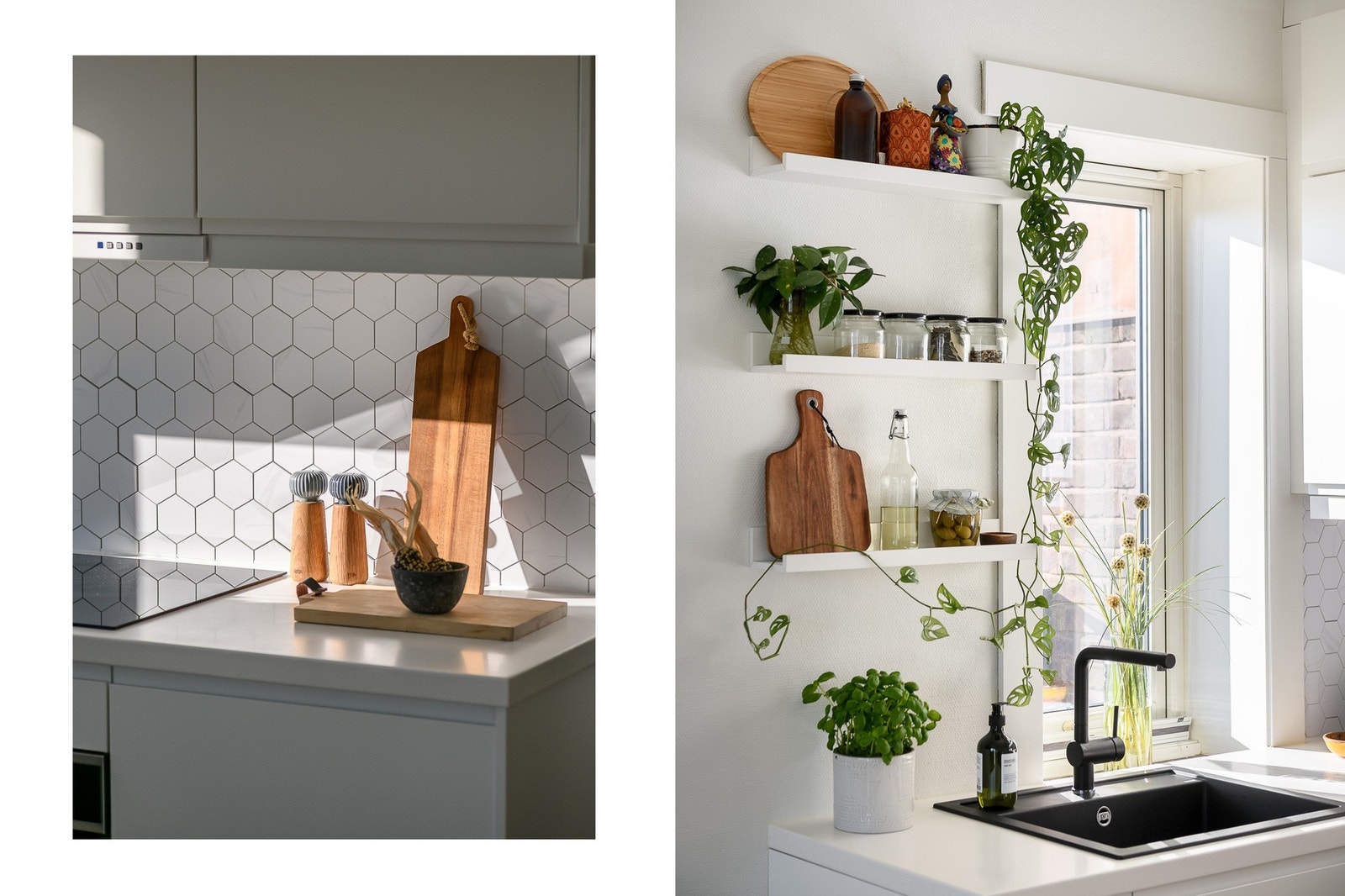 Arbeidssonen er ekstra lys og trivelig med vindu over én benk og hvite heksagonfliser over den andre. Galleribilde