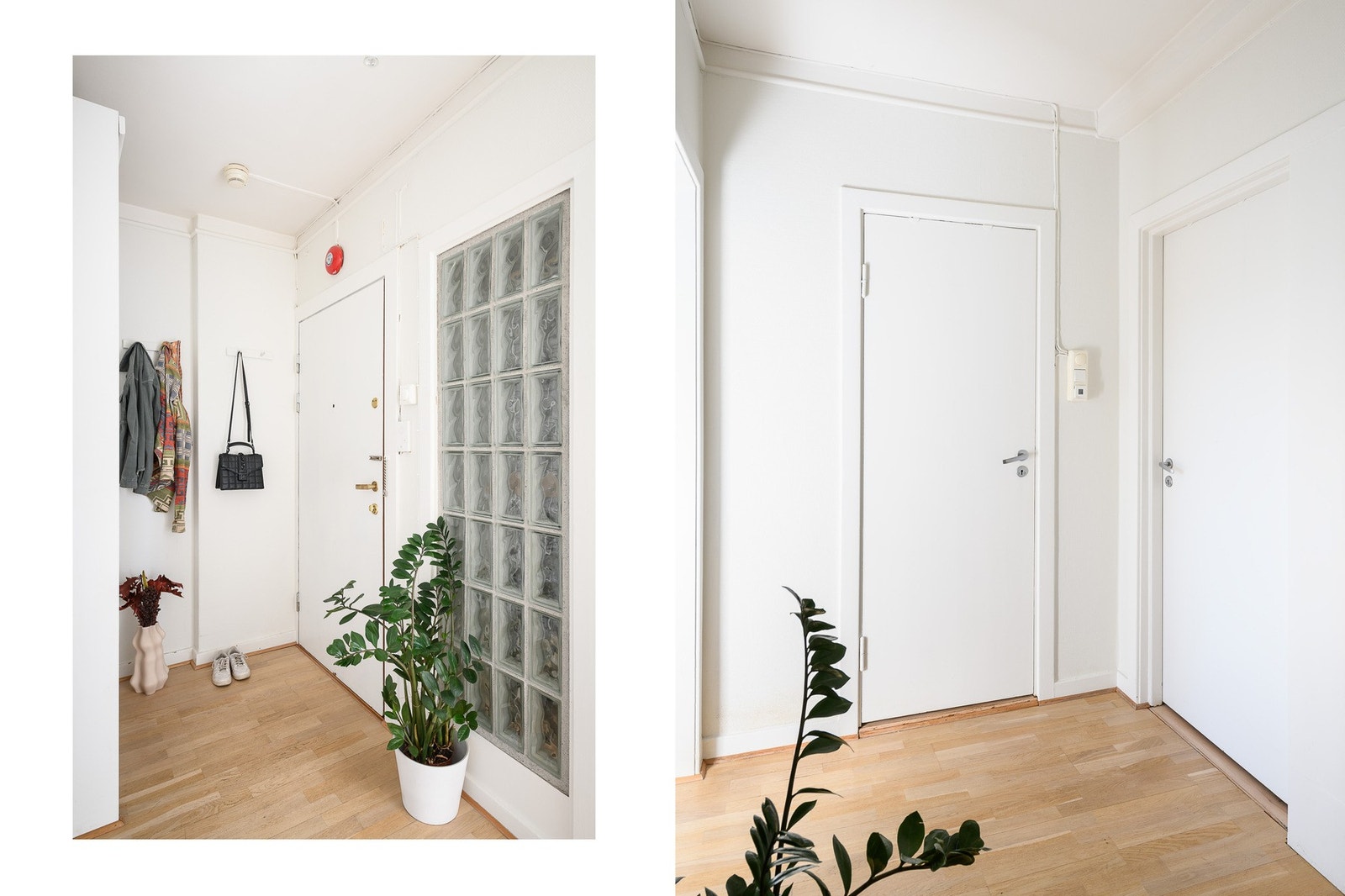 Entreen har et felt i glassbyggerstein i den ene veggen, og er innredet med garderobeskap og dørcalling. Galleribilde