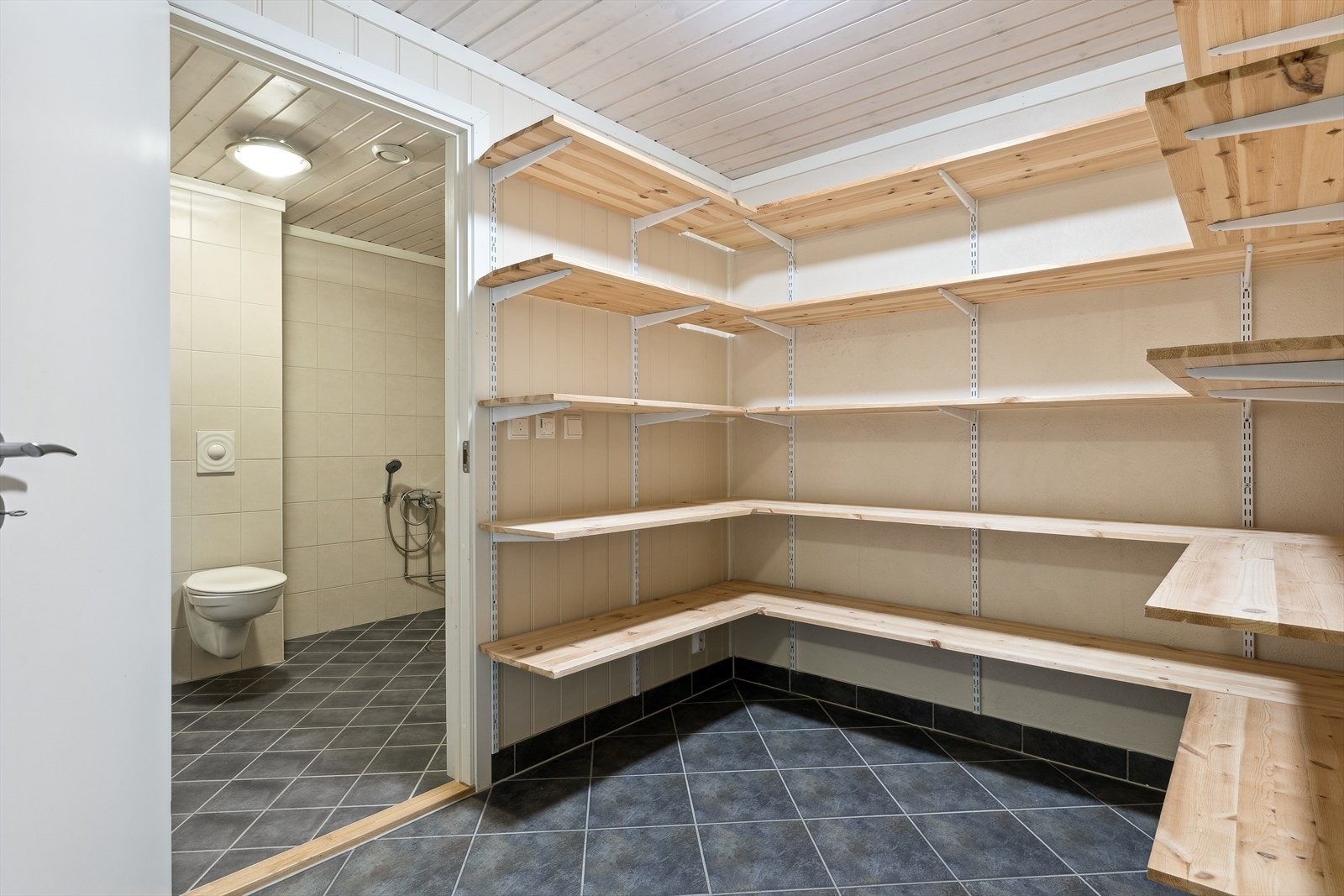 Gang/bod med plassbygde hyller. Galleribilde