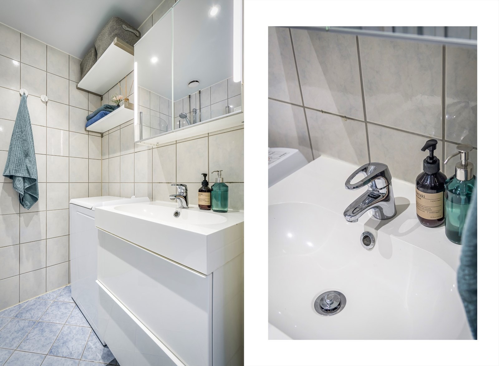 Badet er innredet med gulvstående toalett (2020), servant med underskap, overskap med speildører og lys samt dusjhjørne med svingbare glassdører. Galleribilde