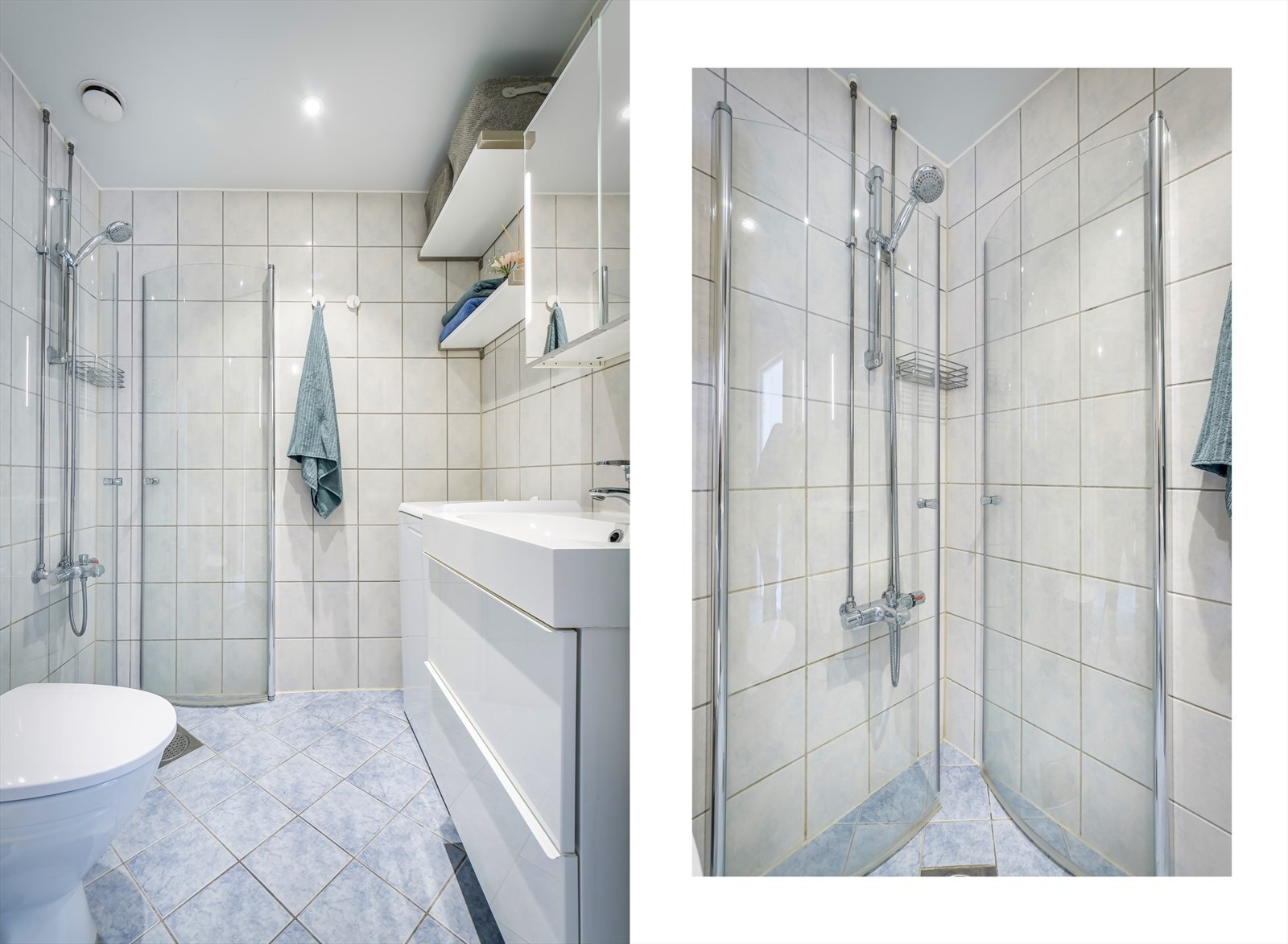 Badet er innredet med gulvstående toalett (2020), servant med underskap, overskap med speildører og lys samt dusjhjørne med svingbare glassdører. Galleribilde