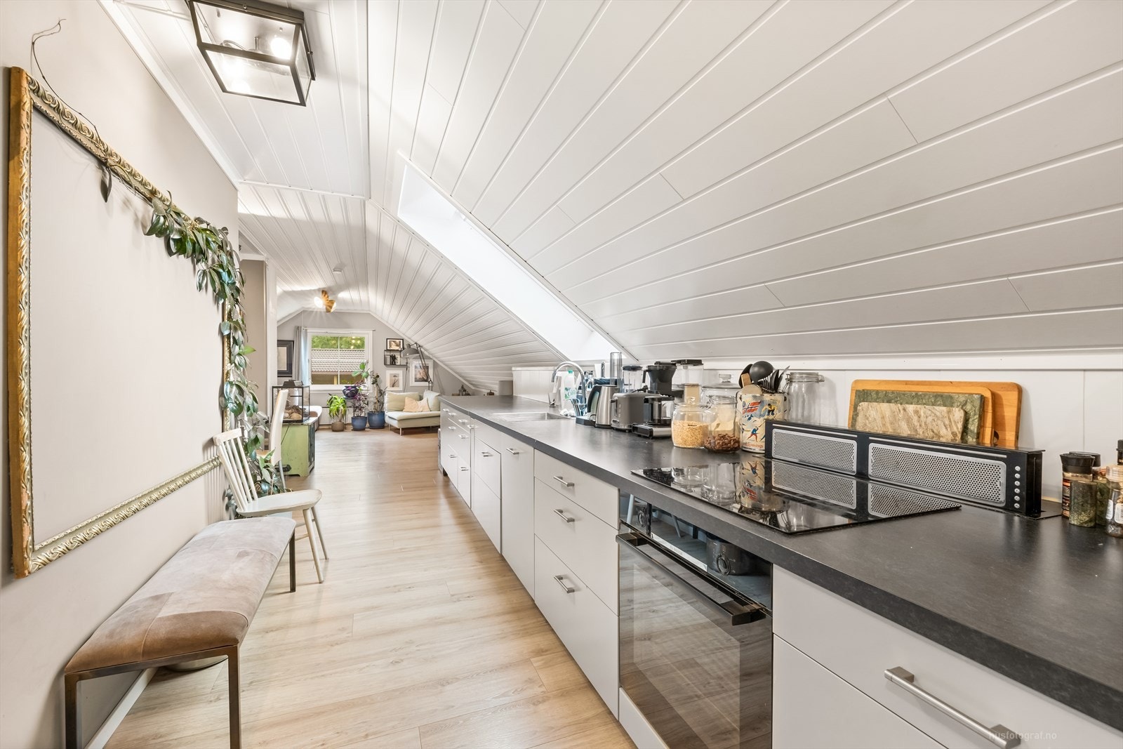 Kjøkken med lys glatt kjøkkeninnredning. Koketopp med avtrekksvifte. Integrert induksjonstopp og stekeovn. Galleribilde