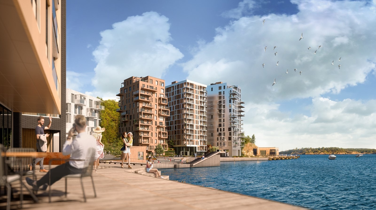 Fra leiligheten er det utsikt til soltorget og badeplassen. Galleribilde