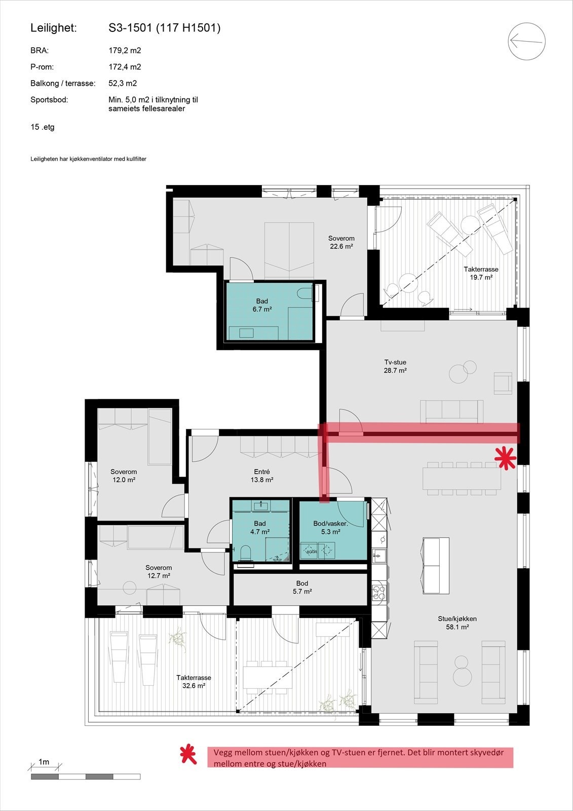 Plantegning, OBS! Merk endringer i rødt. Galleribilde