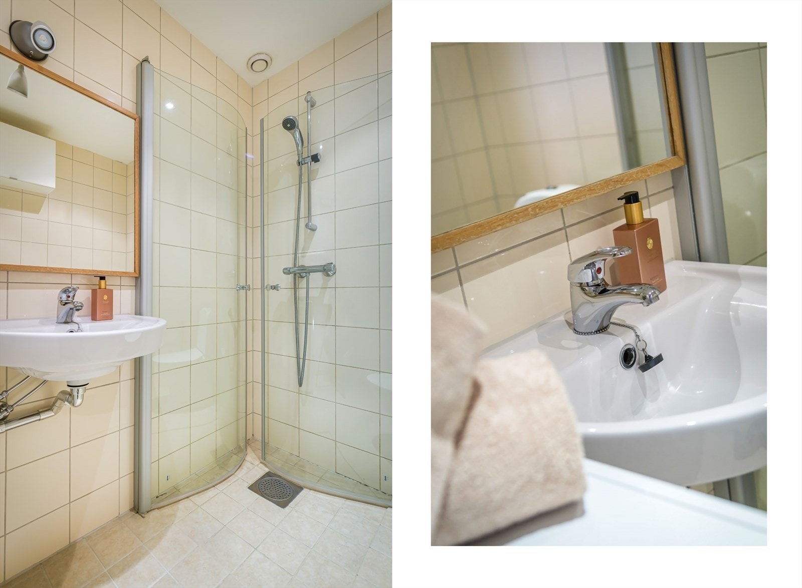 Lyse, flislagte overflater i en tidsnøytral utførelse. Elektiske varmekabler i gulv. Galleribilde