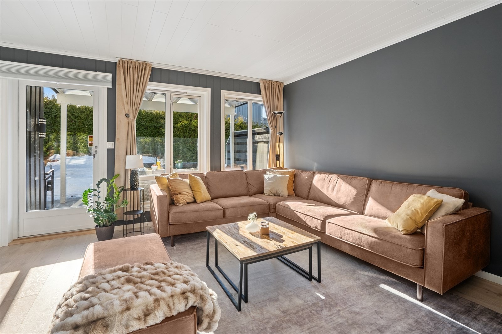 Stuen har store vinduer som slipper inn rikelig med naturlig dagslys. Galleribilde