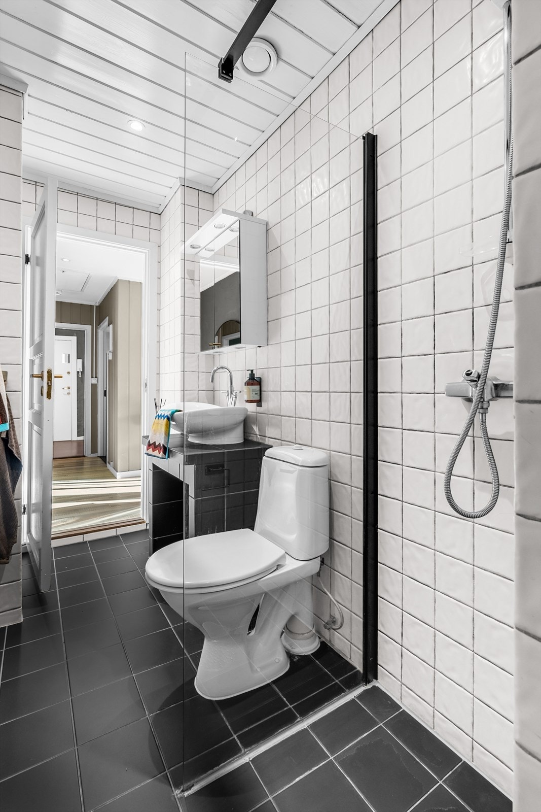 Speilskap med overlys. Dusjnisje med glassvegg og vegghengt dusjarmatur. Gulvstående toalett. Galleribilde