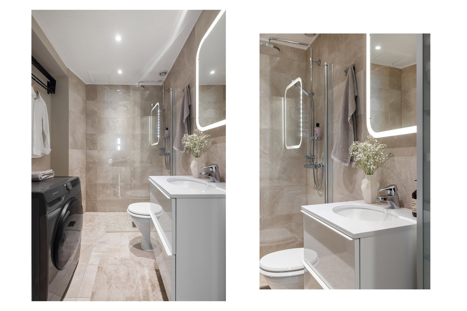 God plass til vaskemaskin med opplegg for dette, samt praktisk tørkestativ montert på veggen. Galleribilde