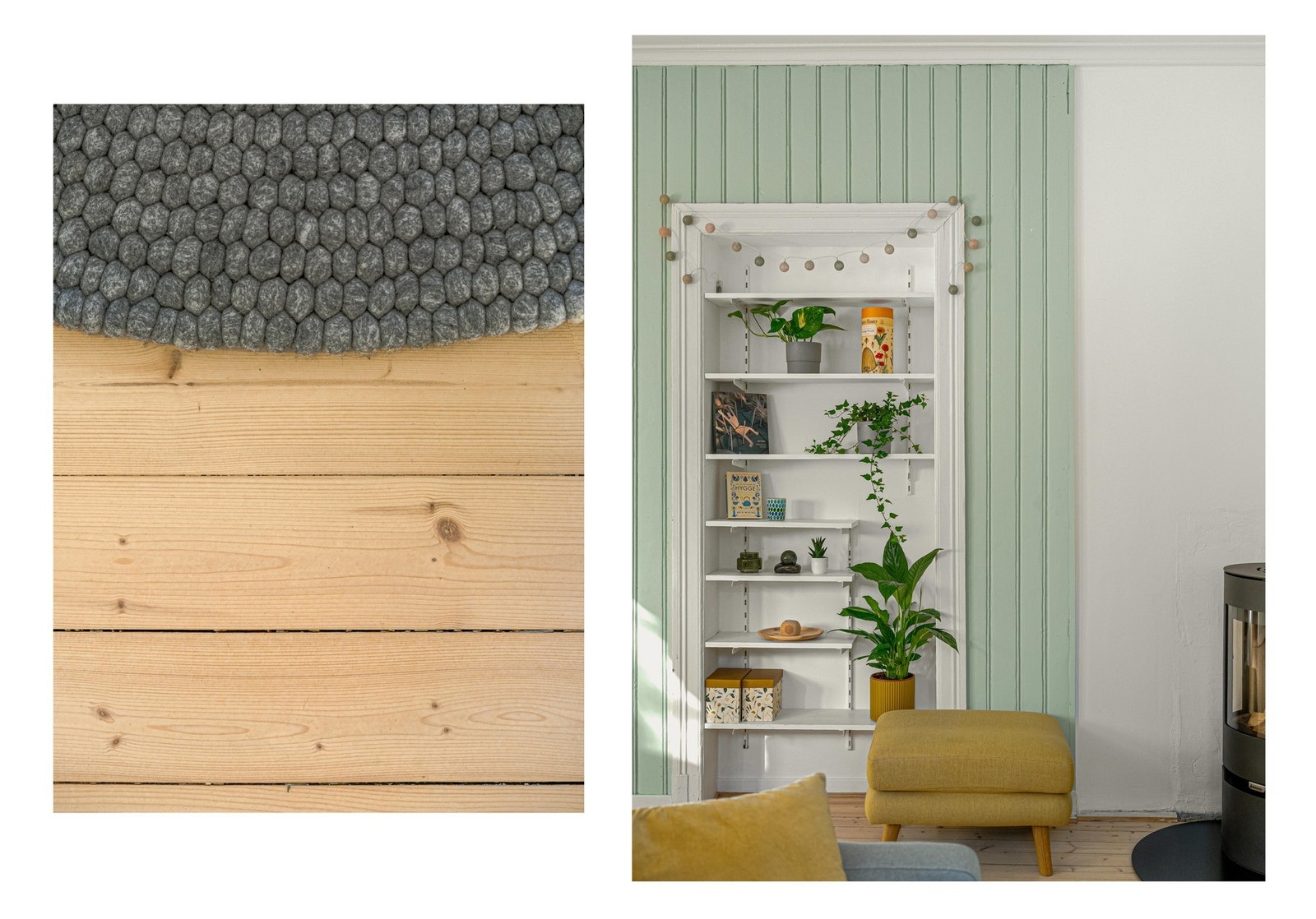 I 2024 ble gulvet i stuen slipt og overflatene malt. Galleribilde