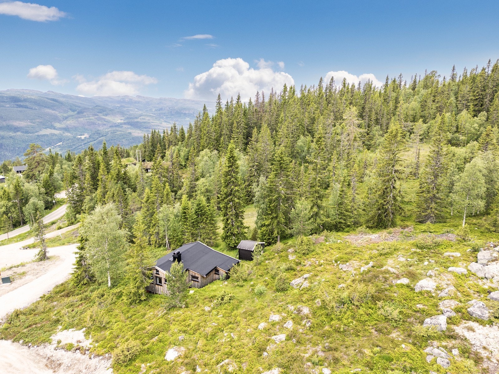 Tomta er lett opparbeidet naturtomt med grasbakke, lyng og enkelte trær. Terrenget er svakt skrånet sydvestvendt, og har normalt bra solforhold og utsyn. Galleribilde