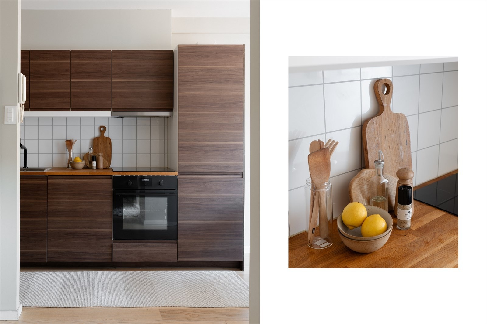 Kjøkkenet ligger i en delvis åpen løsning mot stuen. Innredningen ble oppført ny i 2017, flotte mørke, folierte fronter med trestruktur og heltre benkeplate i eik. Galleribilde