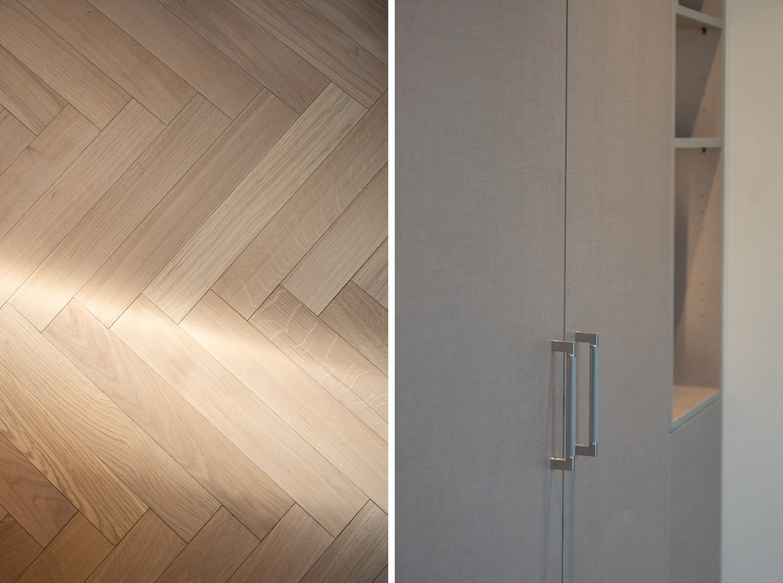 Luksuriøse detaljer som integrert belysning og lekker eikeparkett i fiskebeinsmønster fra Hackwood. Galleribilde