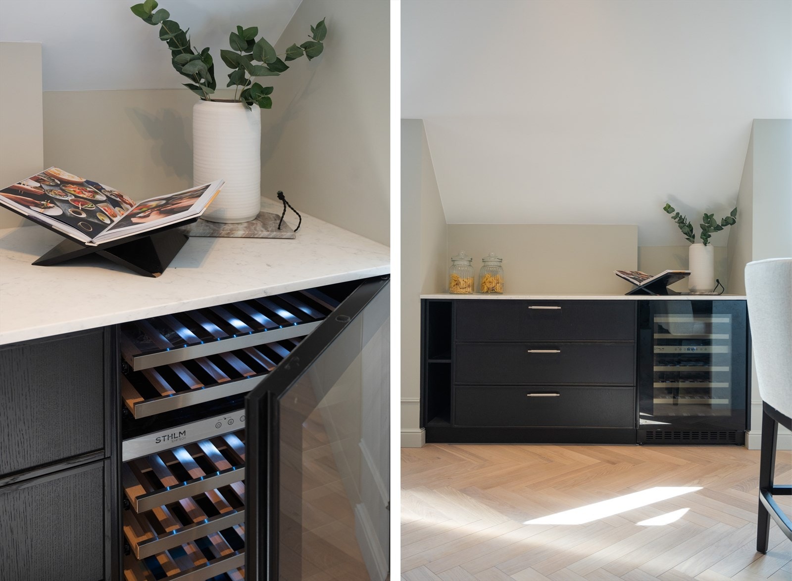 Integrert vinskap fra Temptech med to soner plassert i snekkertilpasset nisje. Galleribilde