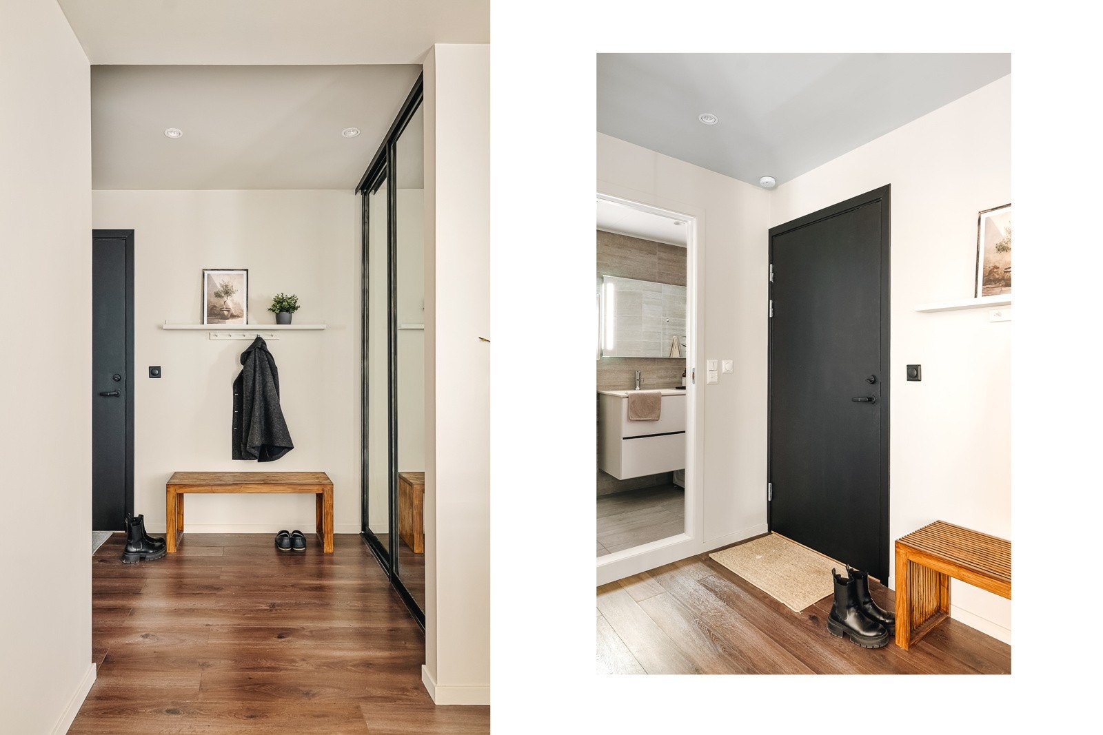 Inngangspartiet er lys og luftig med god plass til å henge fra seg yttertøy og sette fra seg sko. Galleribilde